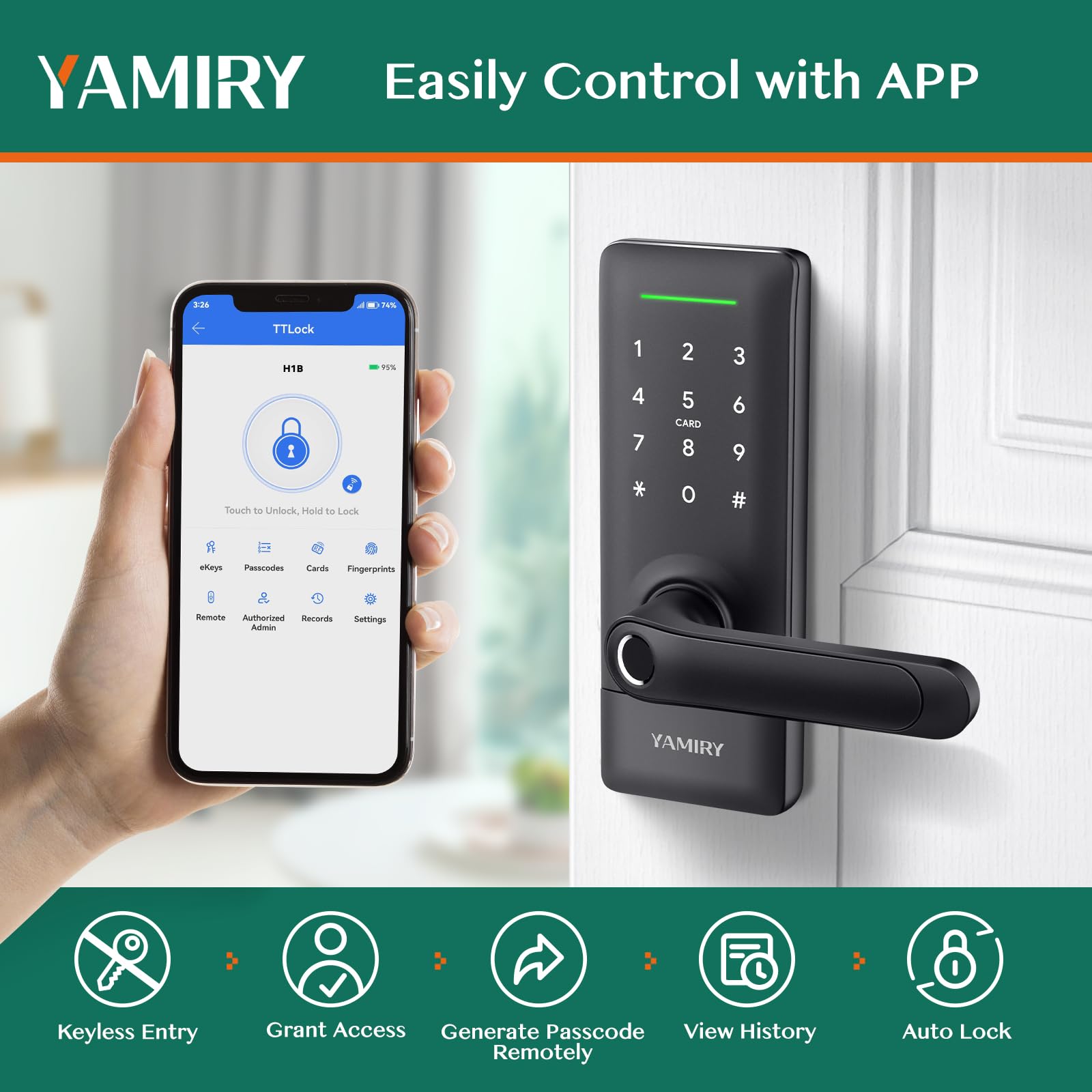 Yamiry Smart Door Lock with Fingerprint, App Control, Keypad & Alexa Support, Keyless Entry Deadbolt for Home & Rental Security