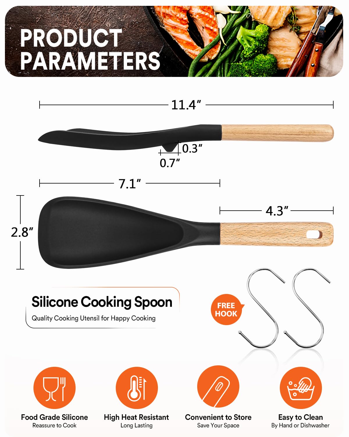 Heat-Resistant Silicone Cooking Spoon Set with Wooden Handle – Non-Toxic & Non-Stick Safe