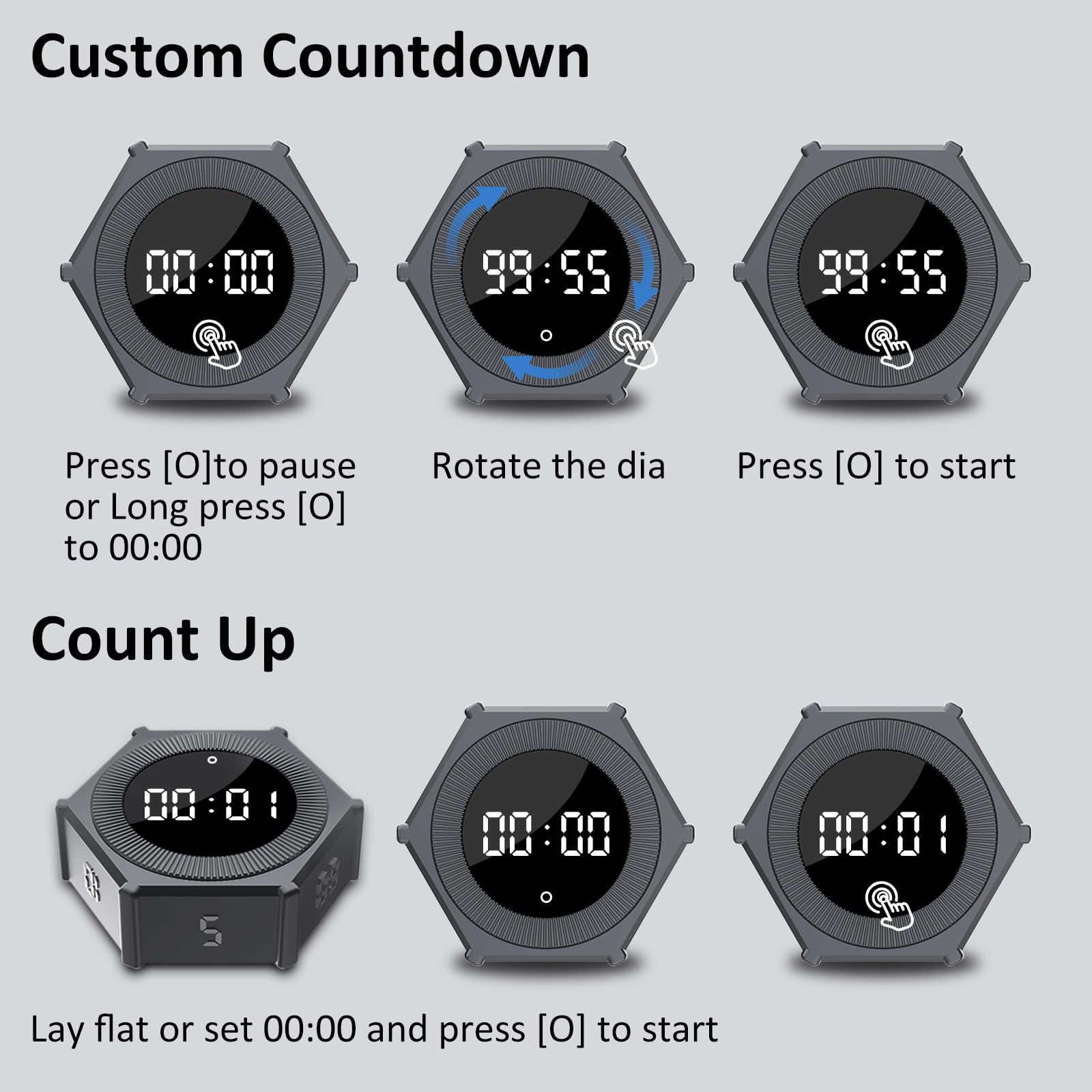 Pomodoro Timer with Gravity Rotation & Dial Control, Preset 5–60 Min, Custom Countdown & Count-Up, Magnetic Desk Timer with Adjustable Sound & Brightness for Kitchen, Work & Study – Gray