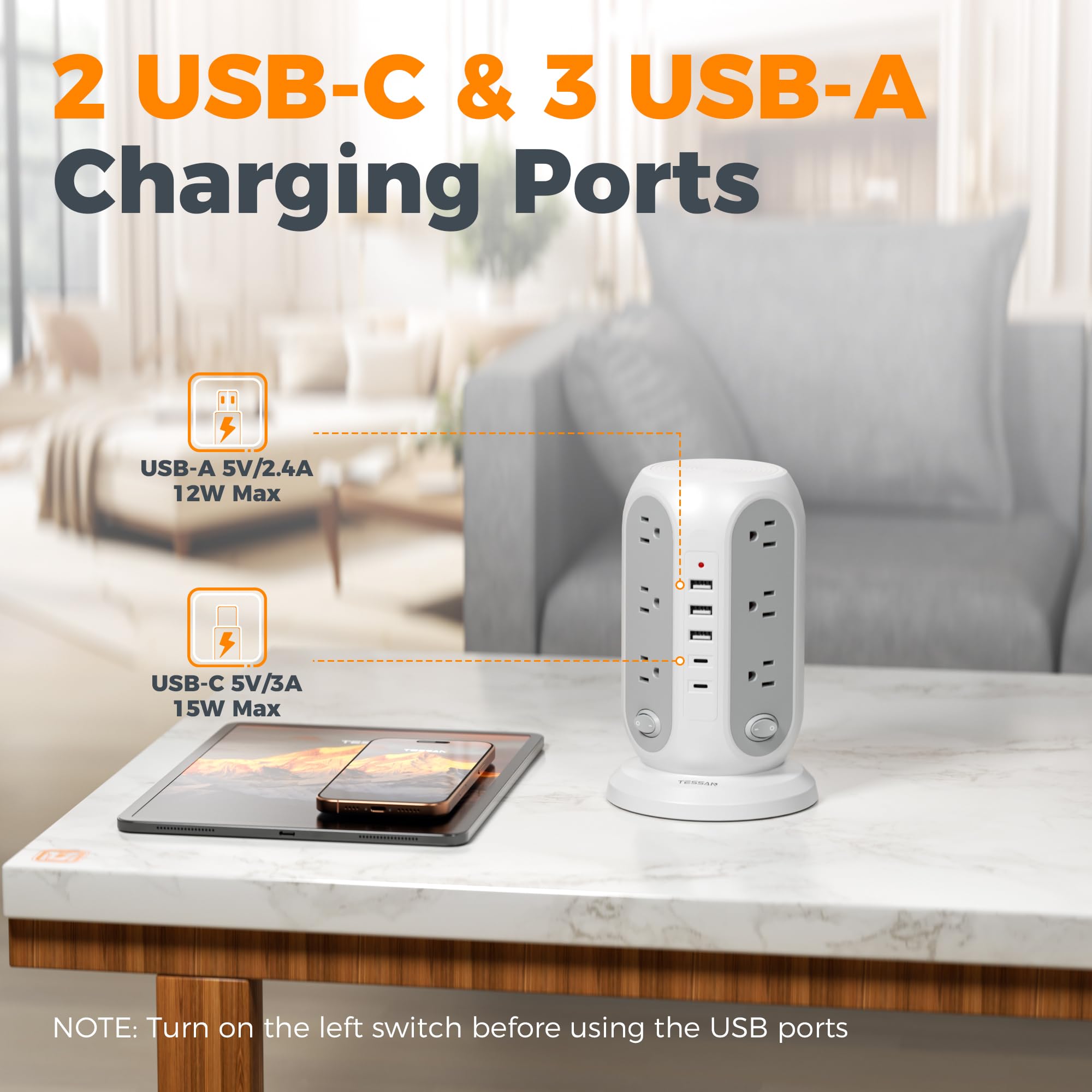 TESSAN 17-in-1 Tower Power Strip Surge Protector with 12 Outlets, 5 USB Ports & Individual Switches Flat Plug Extension Cord
