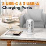 TESSAN 17-in-1 Tower Power Strip Surge Protector with 12 Outlets, 5 USB Ports & Individual Switches Flat Plug Extension Cord