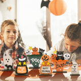 Wooden Halloween Table Decorations Set – Ghost, Black Cat, Pumpkin Monster & Skull Figurines (Multicolor, 4-Piece Set)