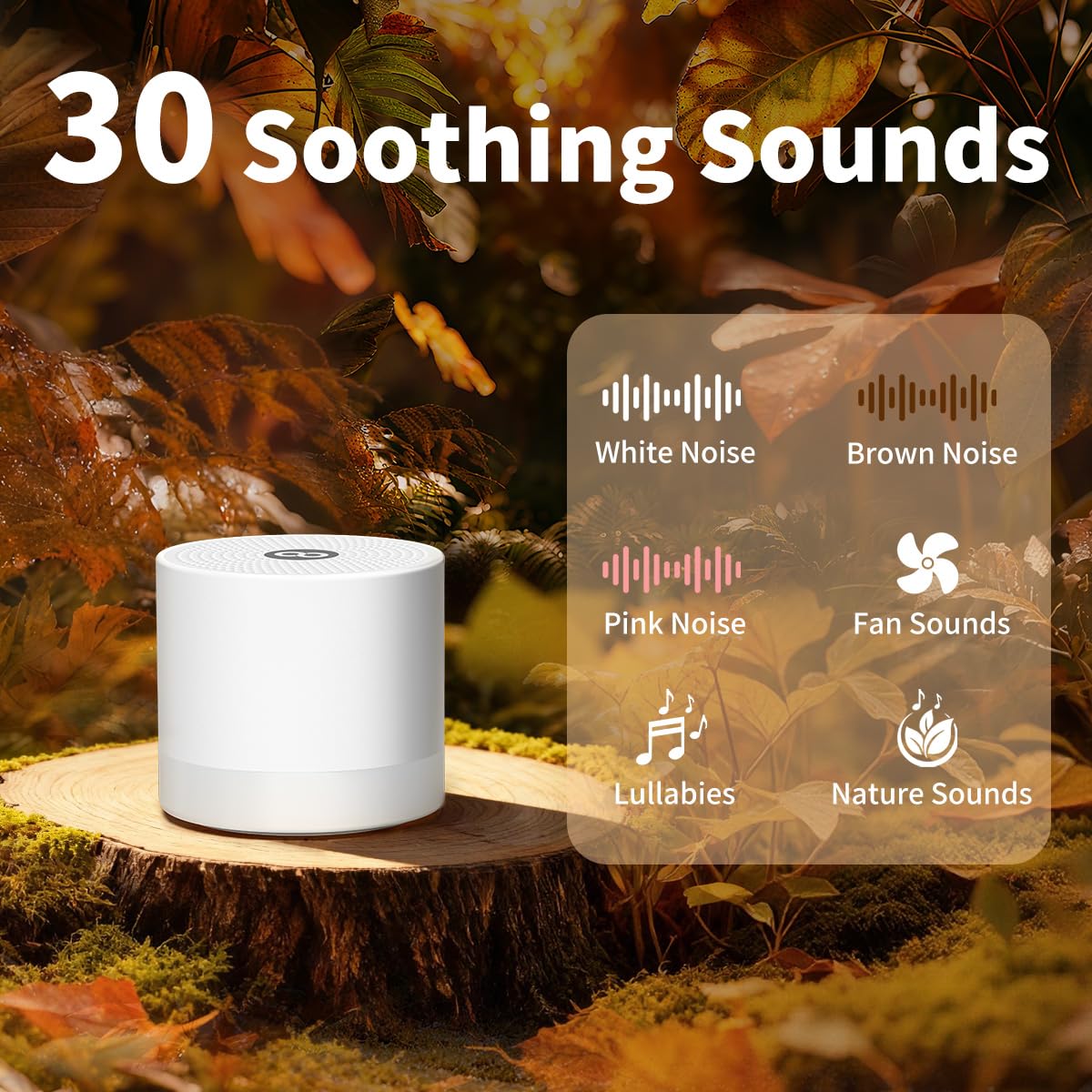 Mini White Noise Machine Portable Sleep Sound Soother with 30 Non-Looping Sounds, 32 Volume Levels & Timer – Pocket Travel Sleep Aid White