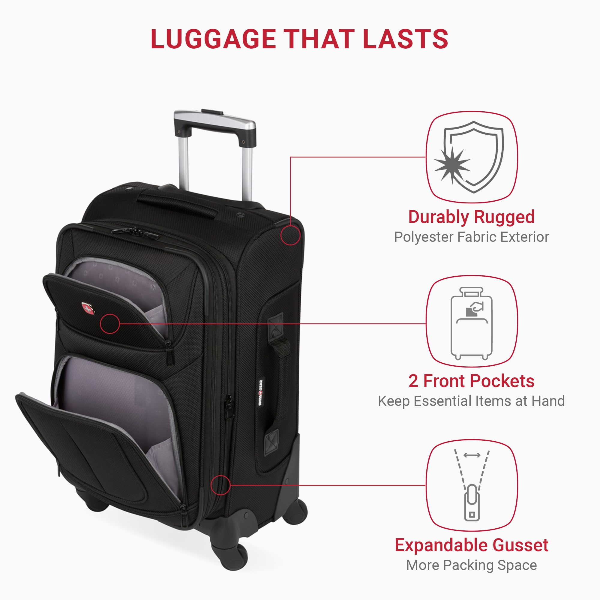 SwissGear Sion Softside Expandable Carry-On Luggage 21”, 360° Spinner Wheels Lightweight Travel Suitcase (Black)