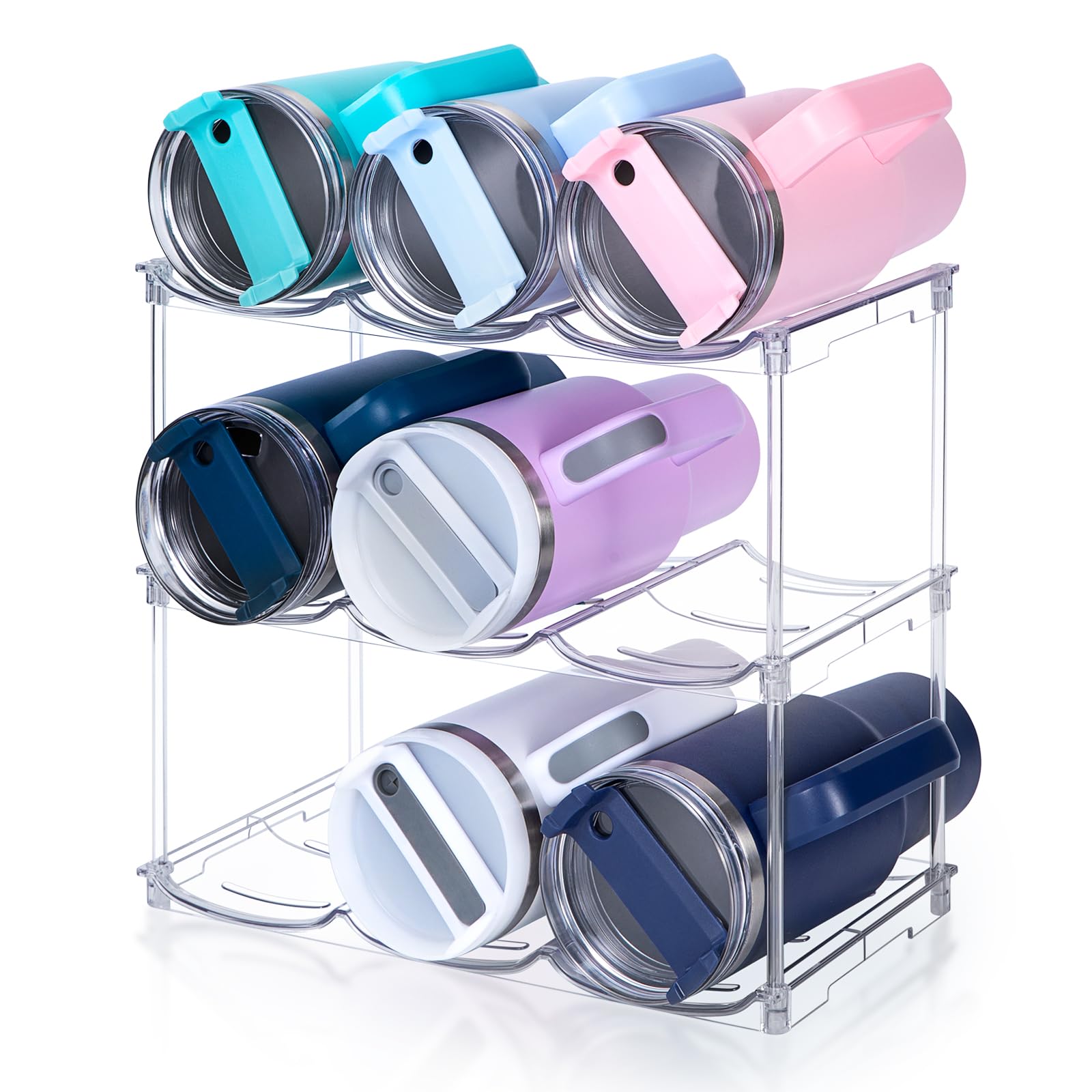 Stackable Water Bottle Organizer (3-Pack) – Clear Storage Rack for 40 oz Tumblers, Cabinets & Pantries