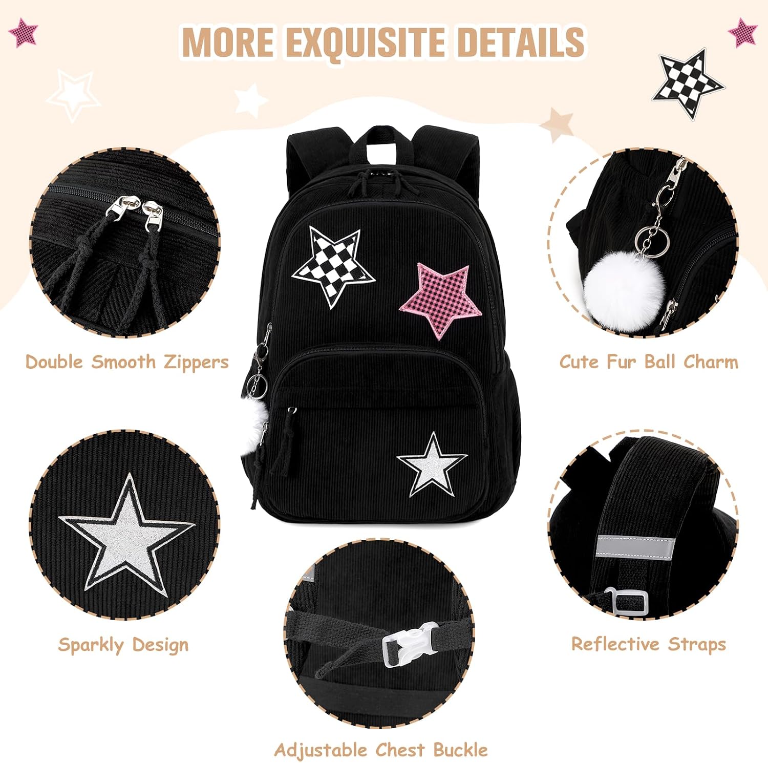Black Star Corduroy 3-Piece School Backpack Set