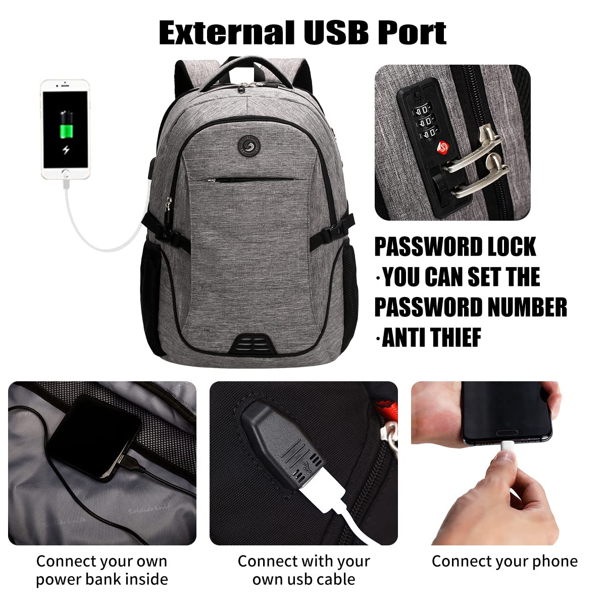 Shrradoo Anti-Theft Laptop Backpack with USB Charging Port & Password Lock – Large Travel & College Backpack (Fits up to 17”) – Grey
