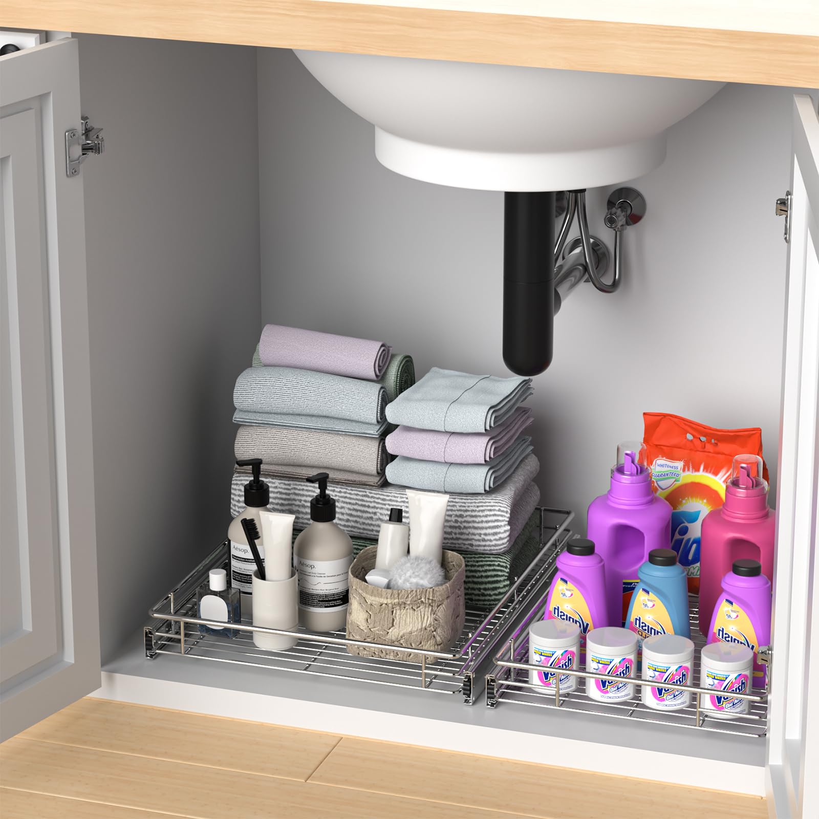 Heavy-Duty Pull-Out Cabinet Organizer – Chrome Slide-Out Drawer Basket for Kitchen Storage (14.8” W x 21” D)