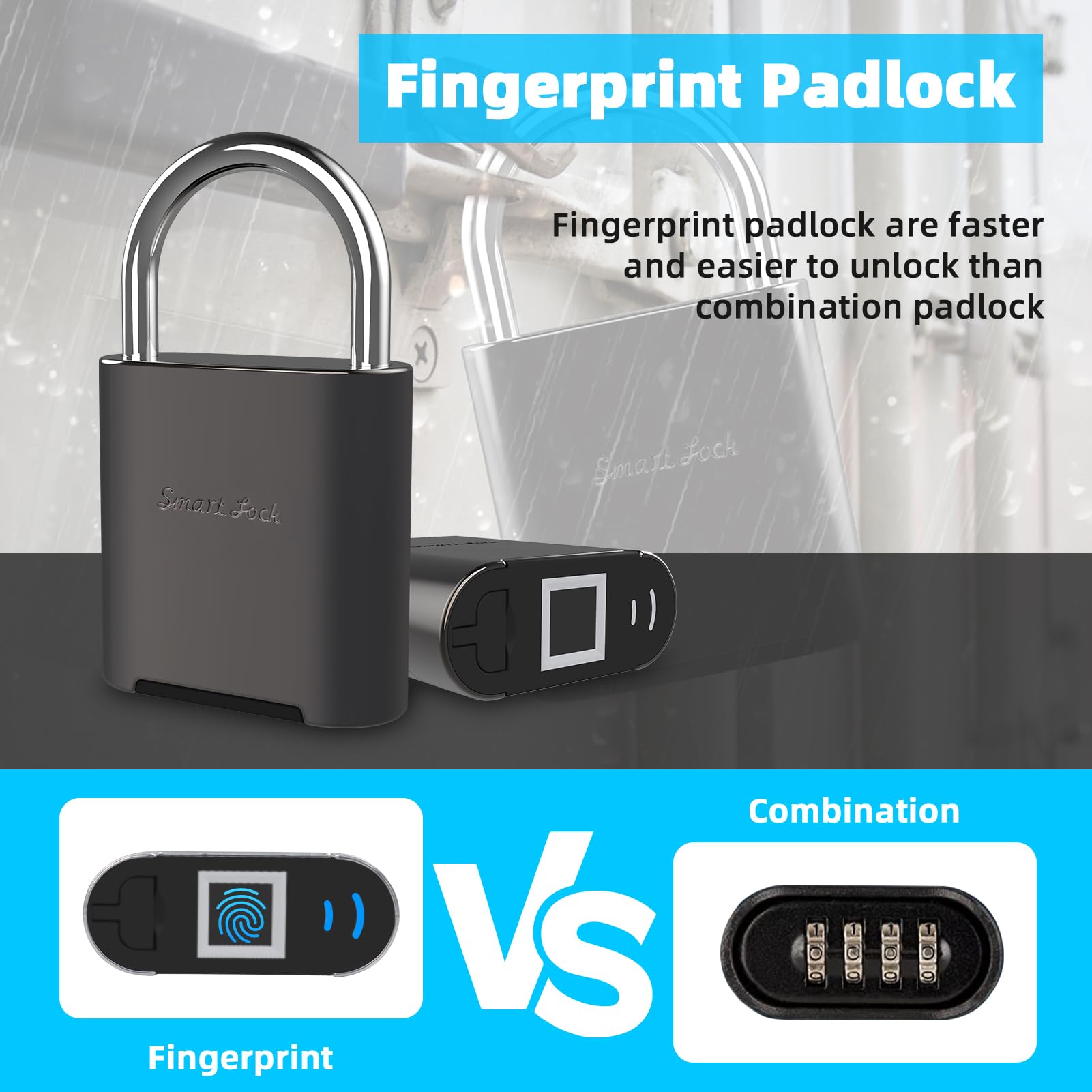 Waterproof Fingerprint Padlock with USB Rechargeable Battery, Biometric Smart Lock for Gym Locker, Gate, Bike & Outdoor Security