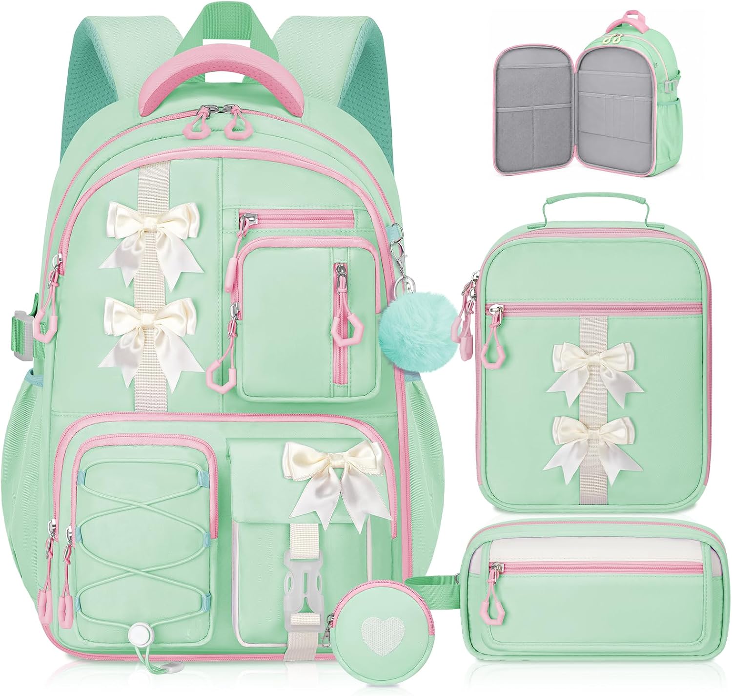 Green Kawaii Backpack Set with Lunch Bag and Coin Purse