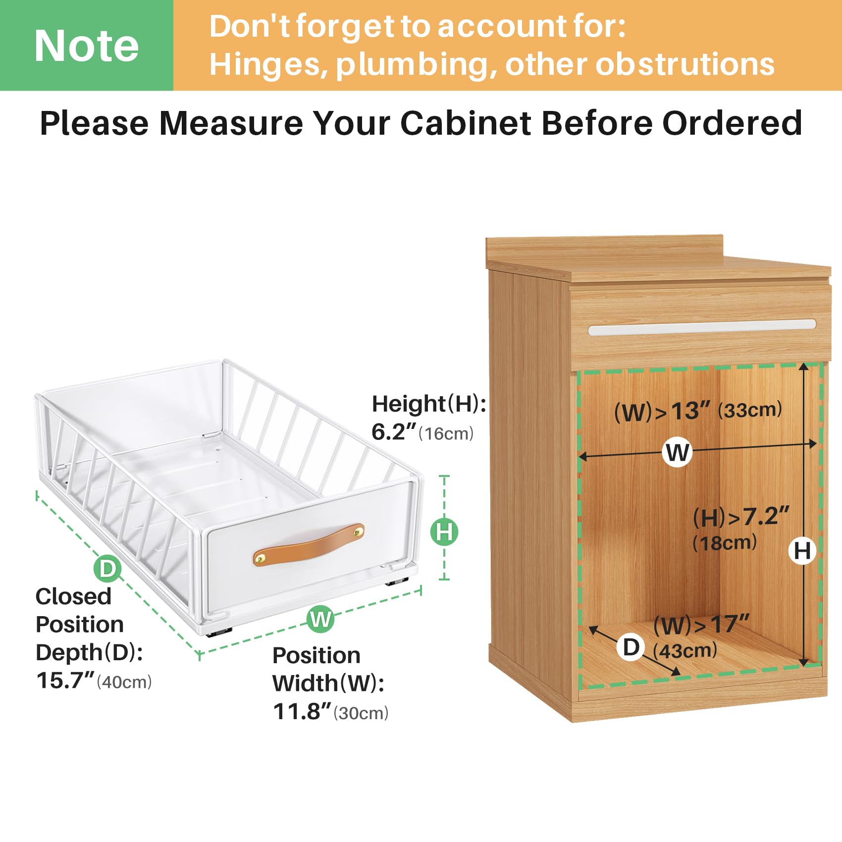 No-Drill Pull-Out Cabinet Organizer – Frameless Cabinets Only, Silent Full-Extension Drawer with Leather Handle (White)