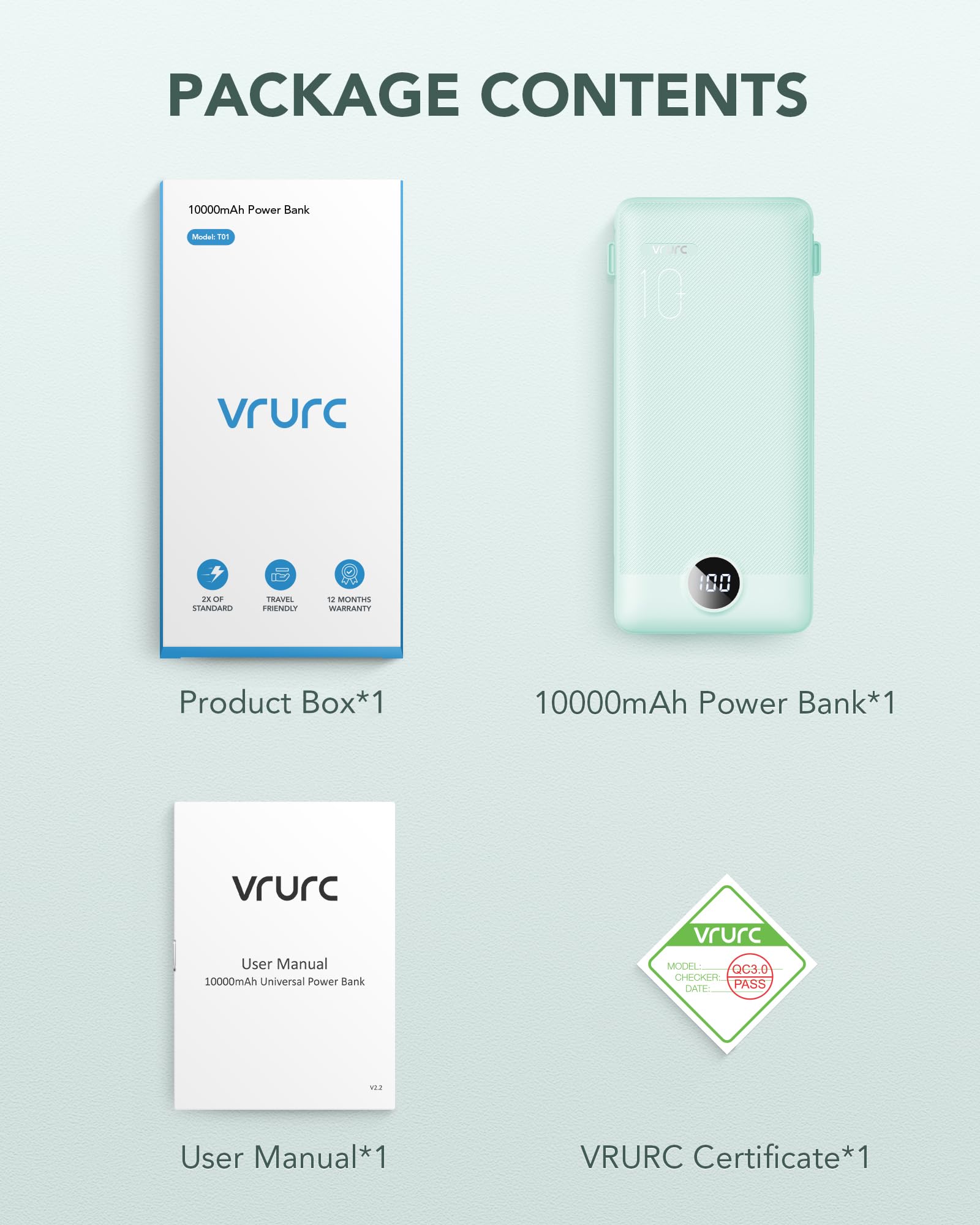 10000mAh Portable Power Bank with Built-in AC Wall Plug & Multi Cables – Ultra Lightweight Fast Charging Travel Battery Green
