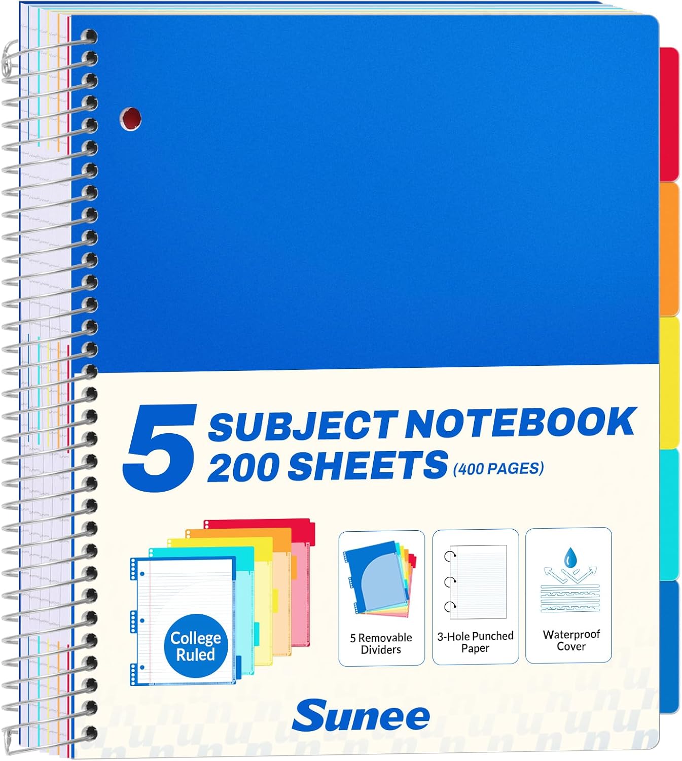 All-in-One Study Notebook with 5 Pocket Dividers, 400 College Ruled Pages and Binder-Ready Sheets