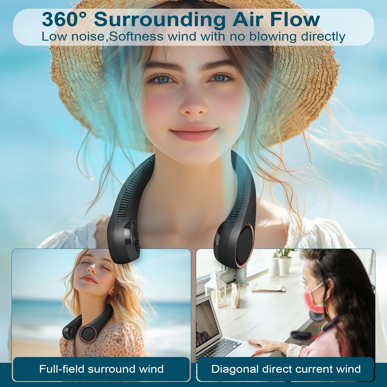 Portable Bladeless Neck Fan with 3 Speeds – USB Rechargeable Hands-Free Cooling Fan for Travel, Outdoor & Office