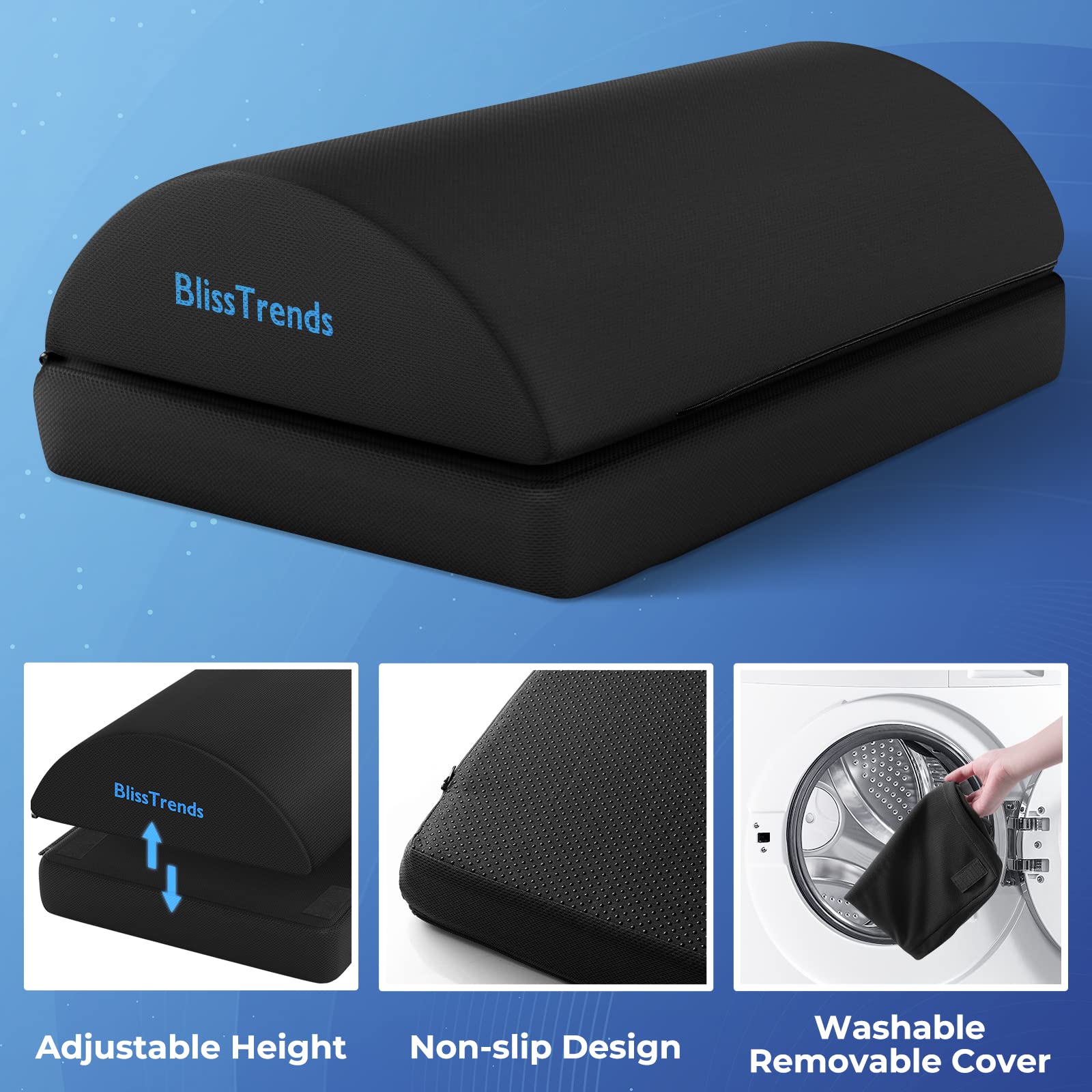 BlissTrends Adjustable Memory Foam Foot Rest Under Desk – Ergonomic Foot Stool with Washable Cover & Dual Height Support Black