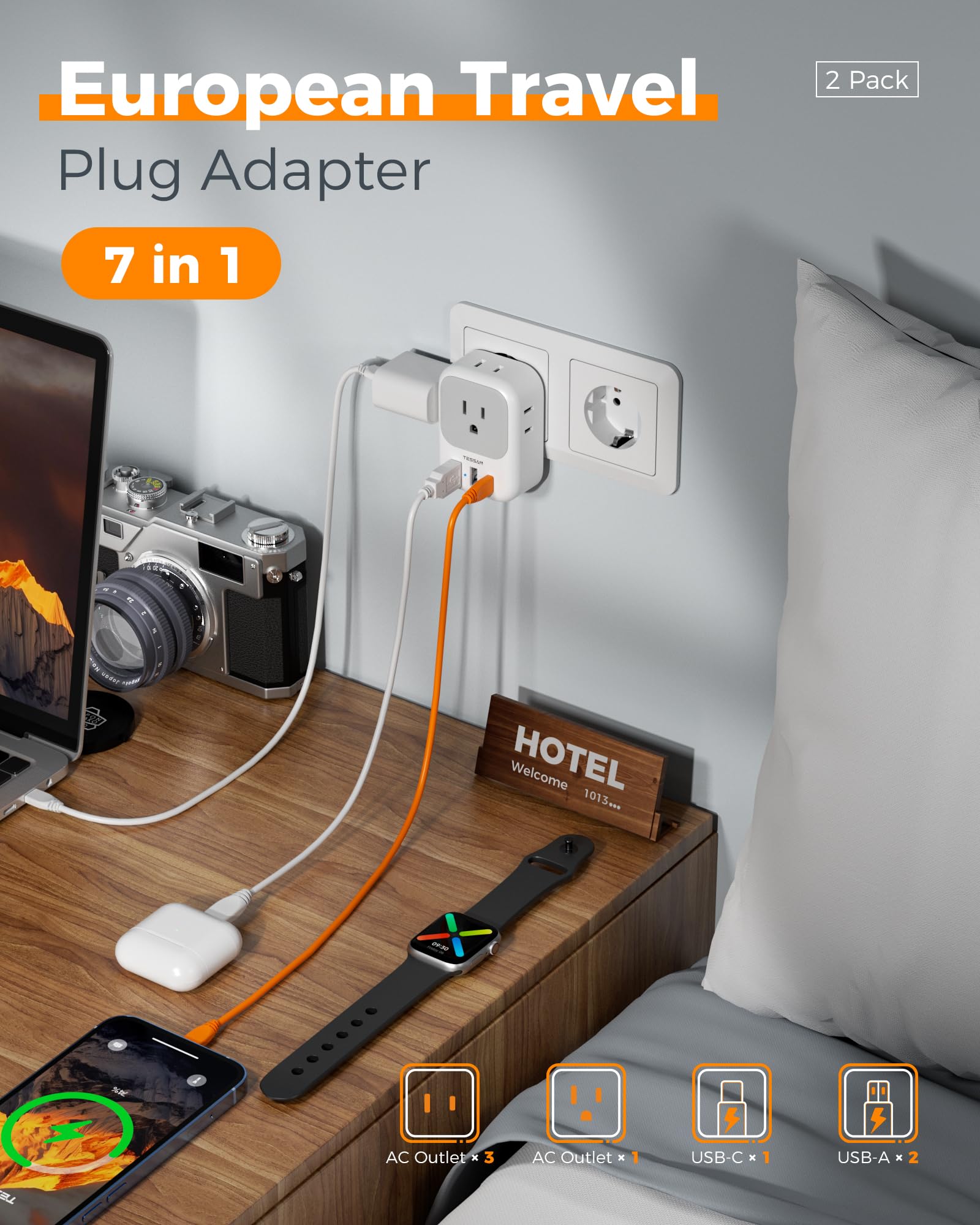 European Travel Plug Adapter with USB-C – 7 in 1 EU Power Adapter with 4 Outlets and USB Ports