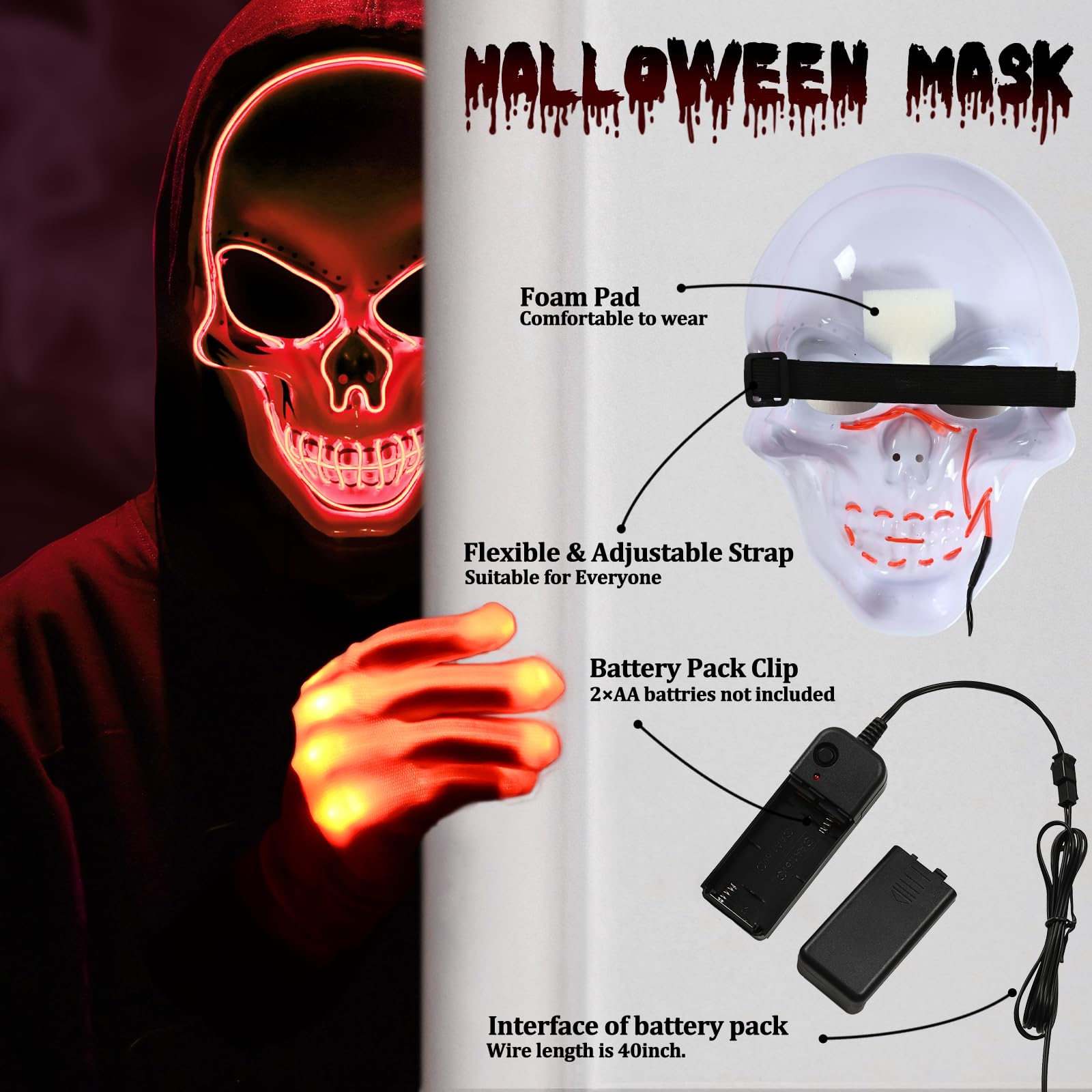 LED Light Up Mask & Gloves Set – Red Halloween Tech-Horror Costume with 3 Lighting Modes & Adjustable Fit