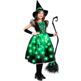Green Light-Up Witch Costume for Girls – LED Halloween Dress Set with Hat, Broom & Accessories