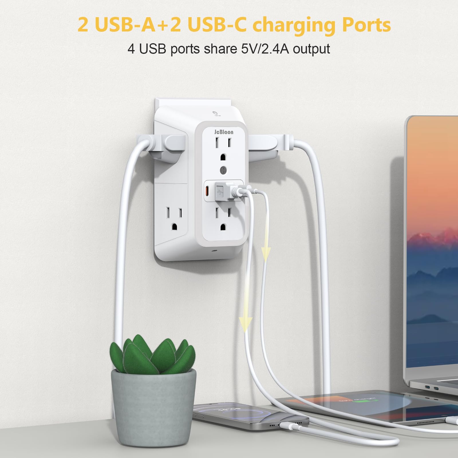 10-in-1 USB Wall Outlet Extender with Surge Protection, 6 AC Ports & Dual USB-C Fast Charging – Space Saving Power Hub White