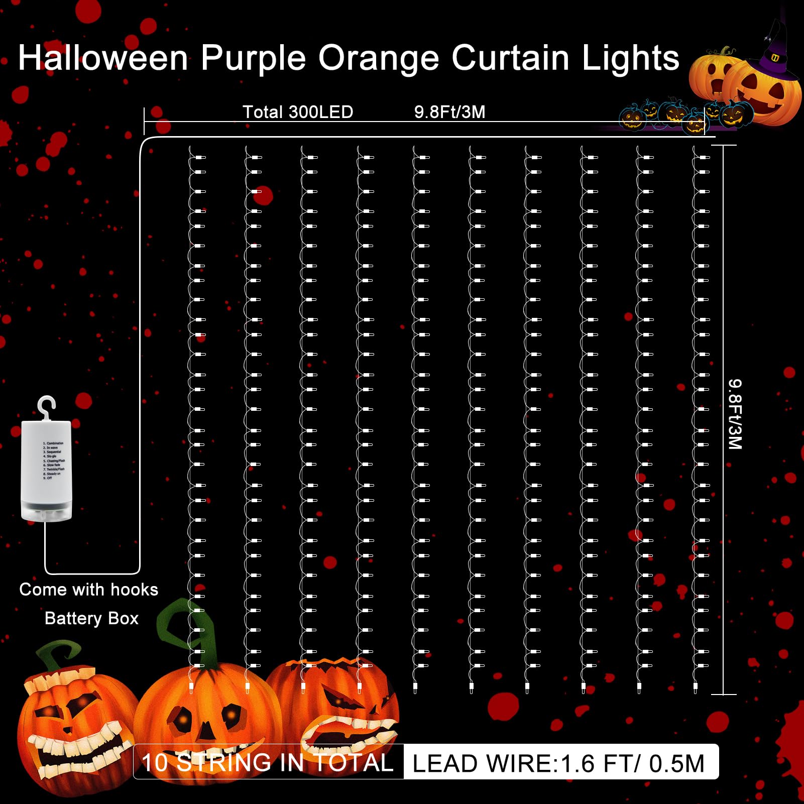 Purple & Orange Halloween Curtain Lights – 300 LED Battery-Operated String Lights with Remote Control (9.8ft x 9.8ft, Indoor/Outdoor)