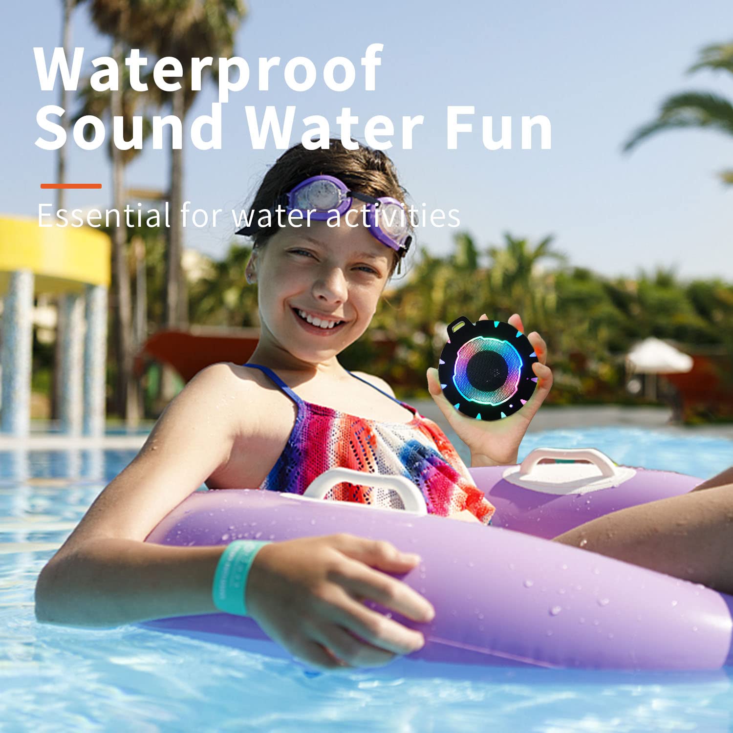 IPX7 Waterproof Bluetooth Speaker with LED Lights – Portable Shower & Outdoor Wireless Speaker with Carabiner for Beach, Camping & Travel