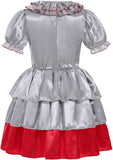 Girls Gray Killer Clown Costume – Complete Halloween Outfit with Dress, Gloves, Leg Warmers & Red Clown Nose