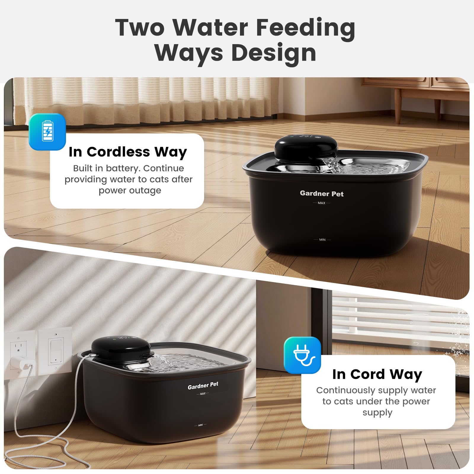 Cordless 5000mAh Cat Water Fountain with Stainless Steel Tray – 3 Flow Modes & 30-Day Battery (Black)