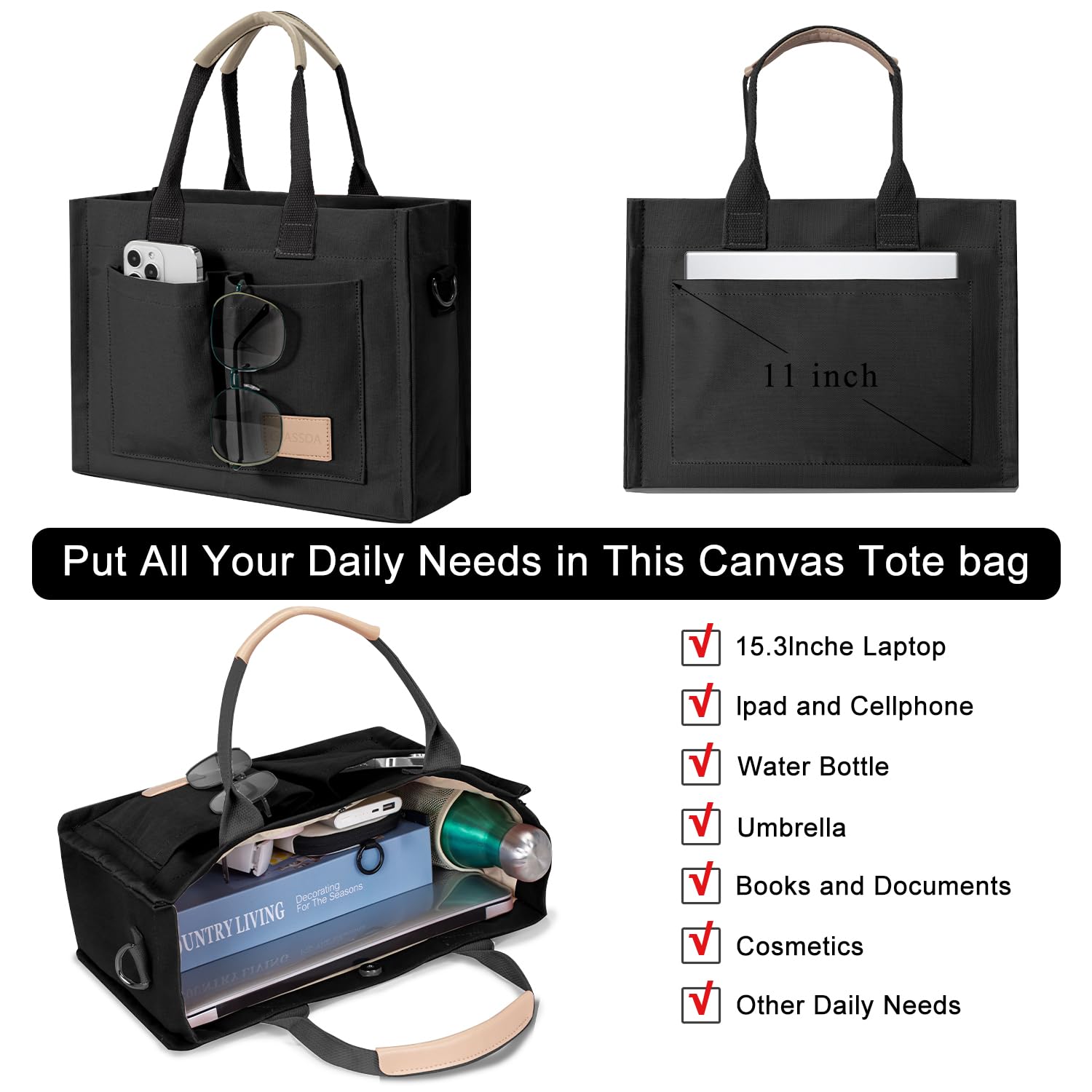 Canvas Tote Bag for Women – Eco-Friendly Waterproof Shoulder & Crossbody Tote with Pockets (Black)