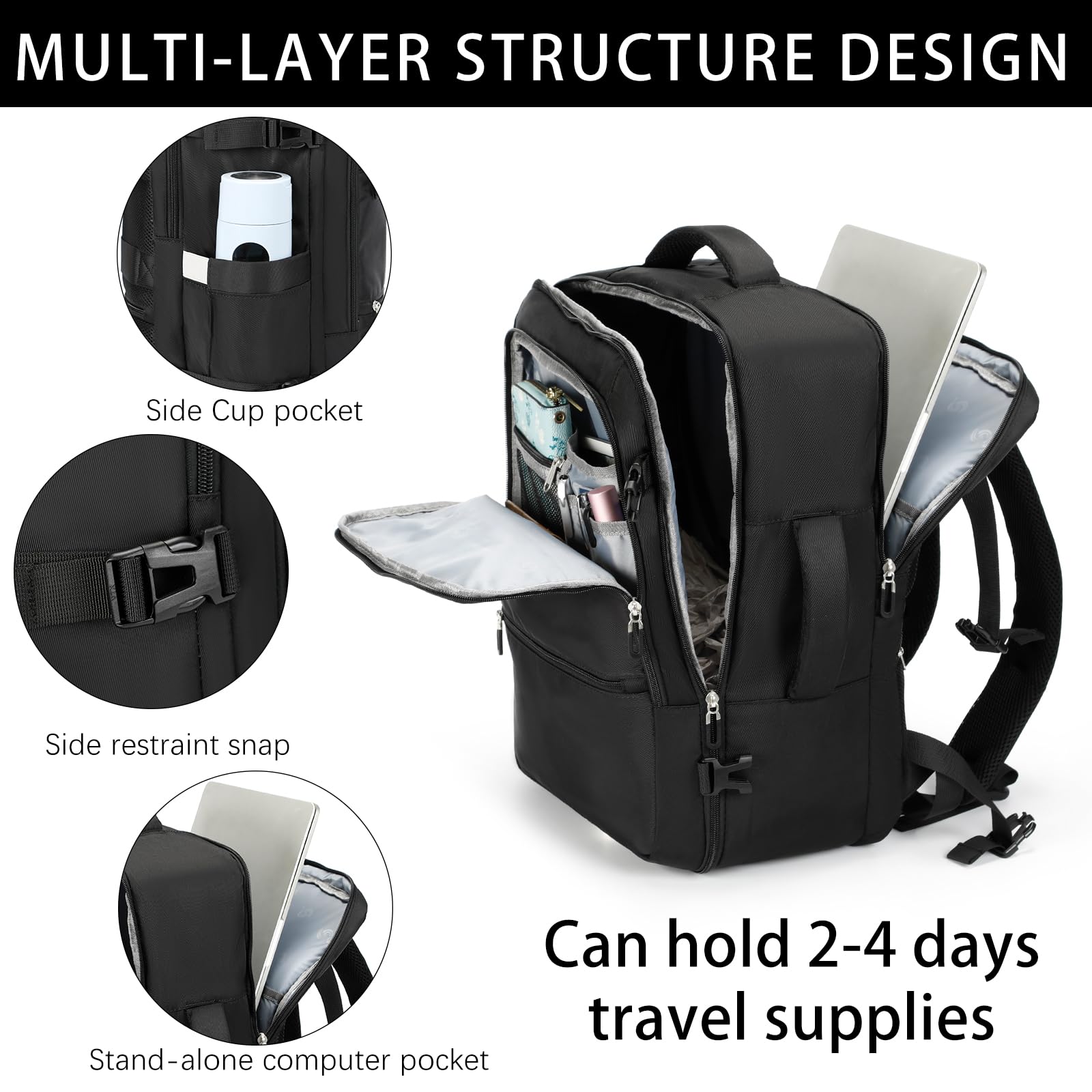 Sowaovut Extra Large Airline-Approved Travel Laptop Backpack – 17.3″ Carry-On Business & College Daypack (Black)