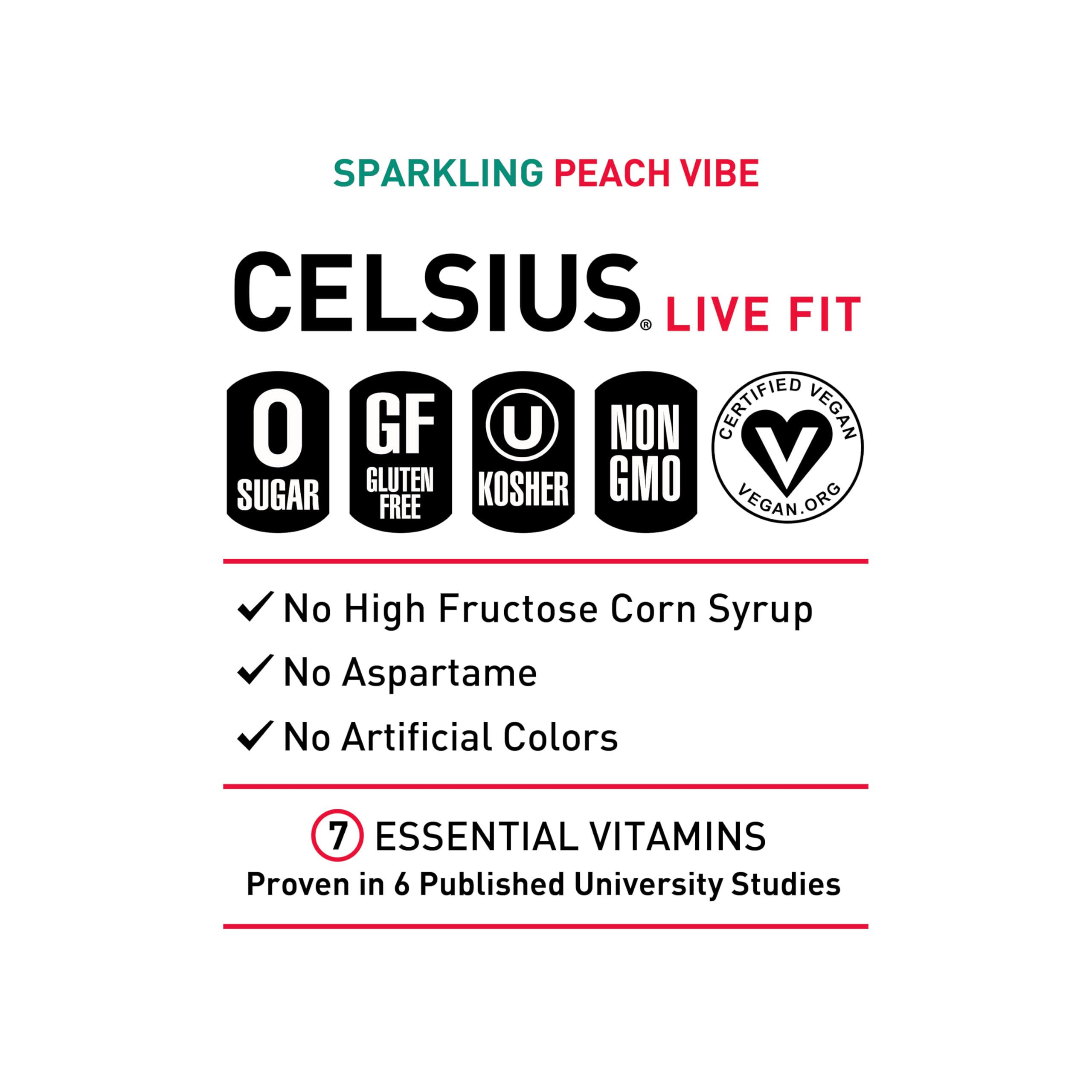 CELSIUS Sparkling Peach Vibe Energy Drink, Sugar-Free with 200mg Caffeine & Essential Vitamins – Tropical Fitness Energy, 12 Pack