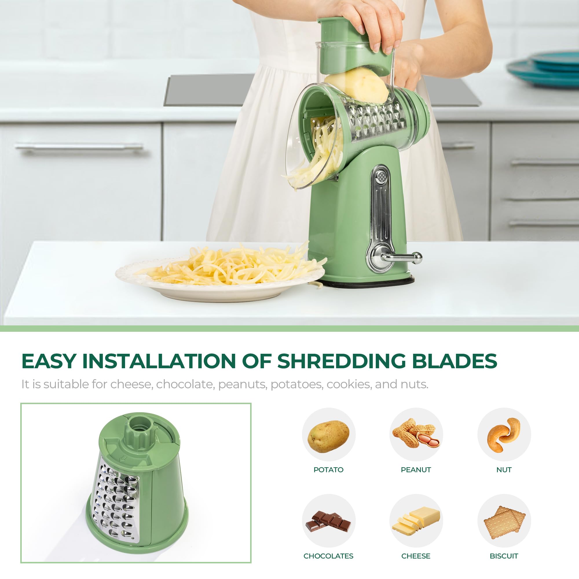 Rotary Cheese Grater with Hand Crank – 5 Interchangeable Blades, Suction Base, BPA-Free