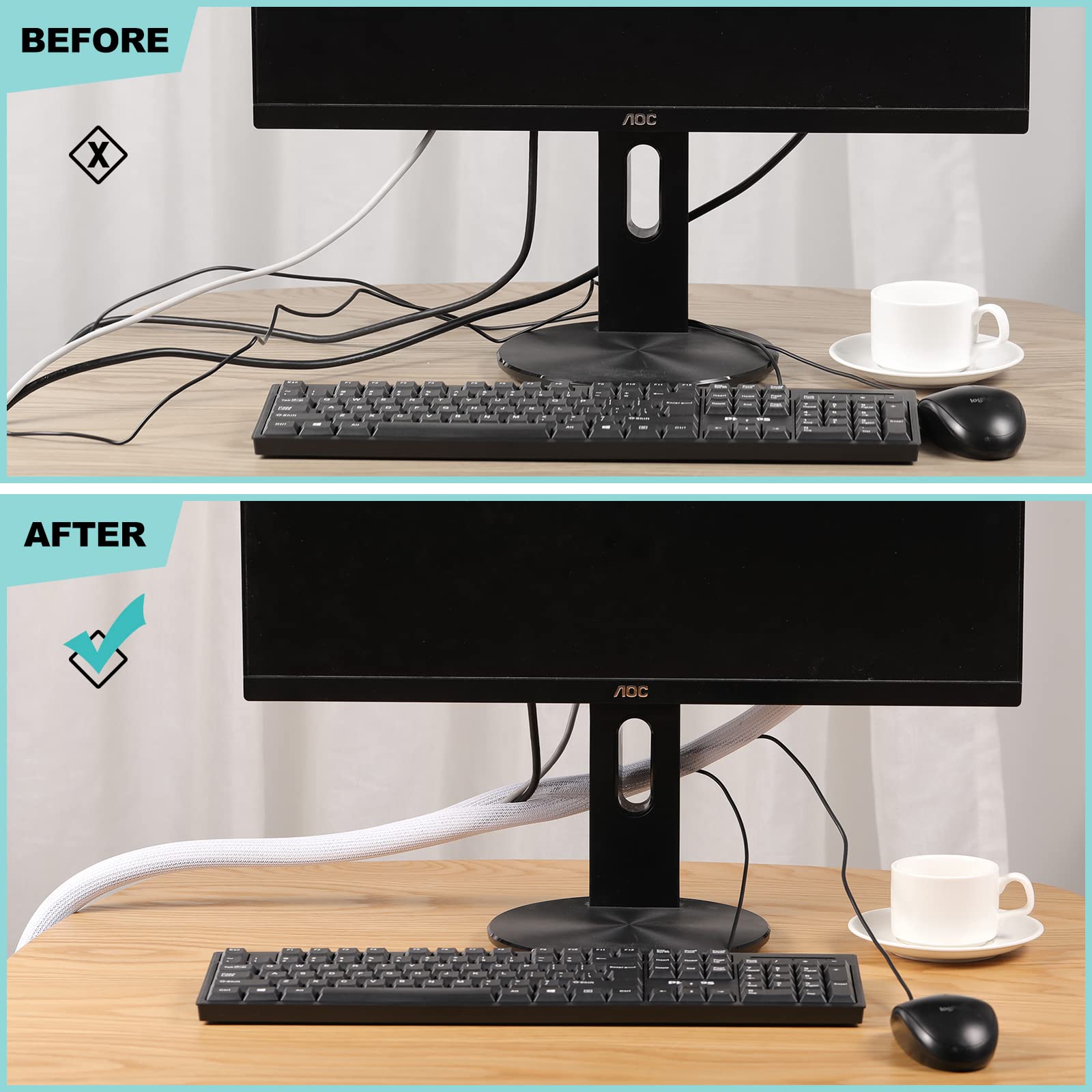 AGPTEK Self-Closing Cable Sleeve Cover – Pet-Proof Wire Management Tubing for Home & Office (White, 2-Pack)