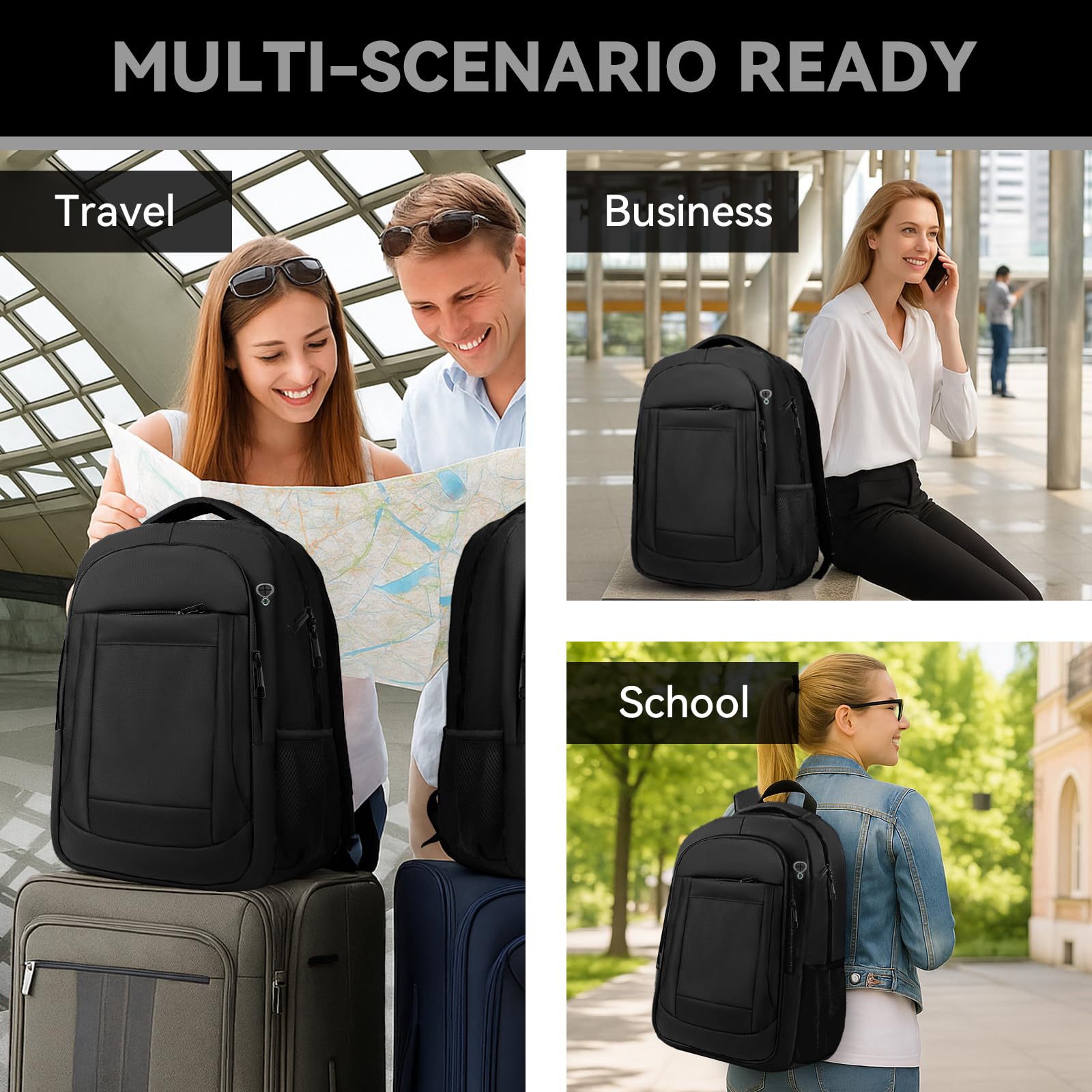 Large Airline-Approved Travel Laptop Backpack with Anti-Theft Pocket – Fits 17.3” – Black