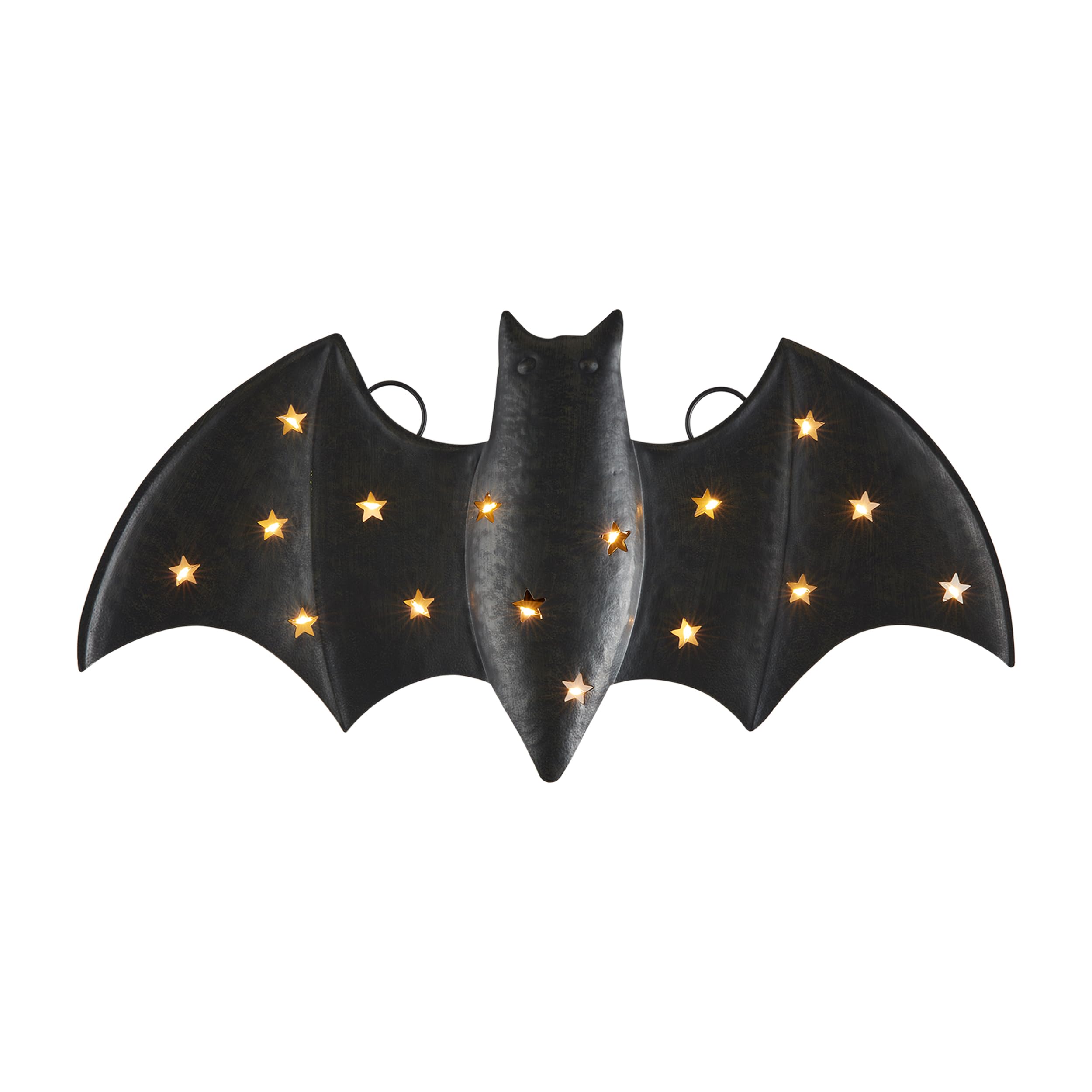 Small LED Bat Decor – Hand-Painted Tin Halloween Light with Cut-Out Star Design – Battery Operated Home Accent