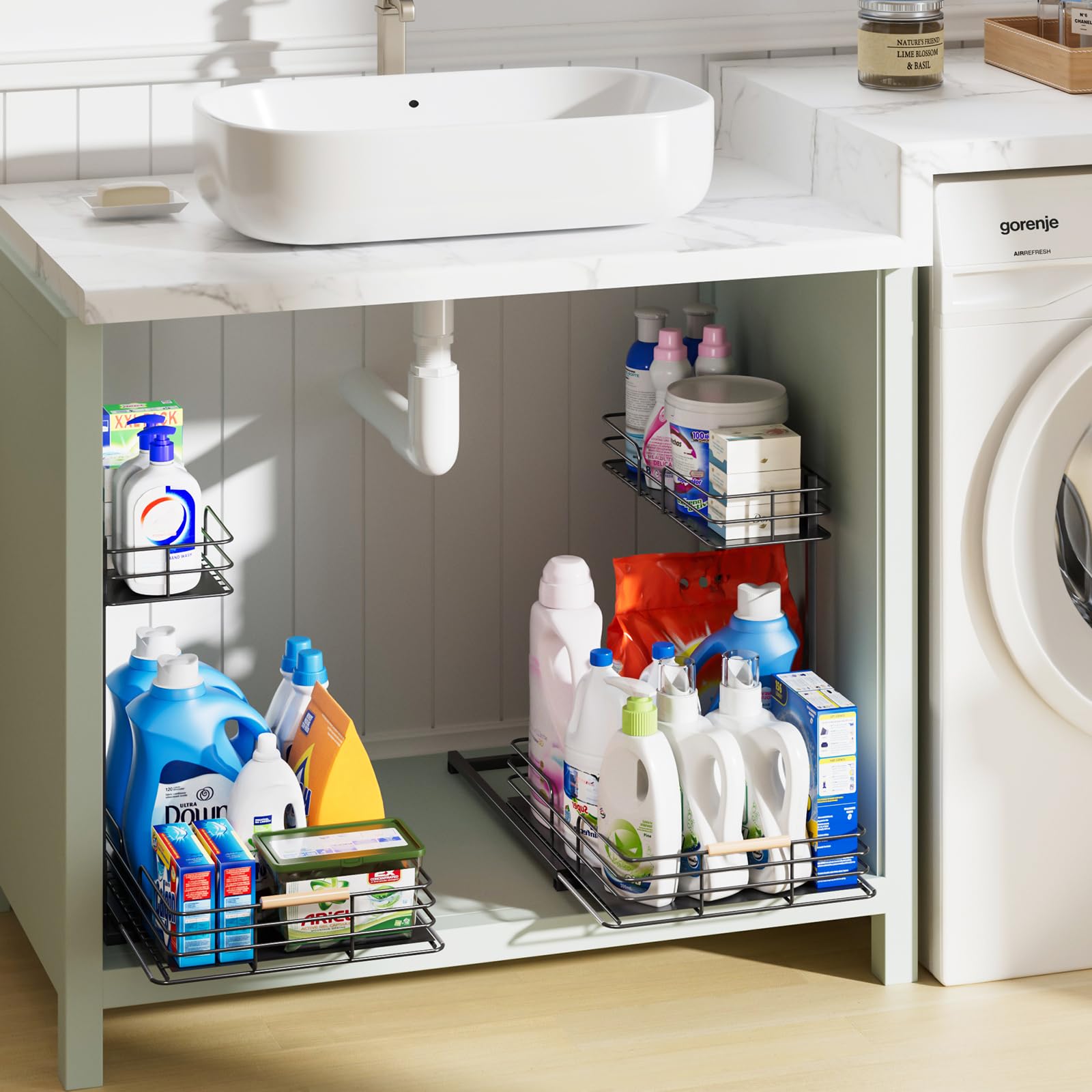 Lamu 2-Pack Under-Sink Pull-Out Organizers – Large L-Shaped 2-Tier Cabinet Storage with Silent Glide