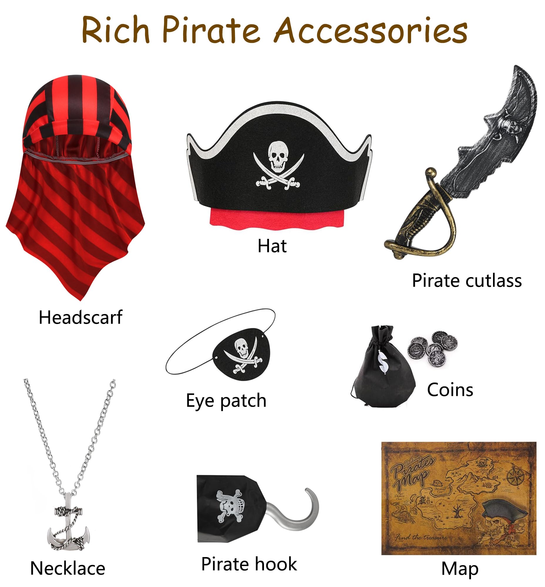 Kids Deluxe Pirate Costume Set – 10 Piece Black Outfit with Cloak, Hat, Sword, Map & Accessories for Halloween and Cosplay