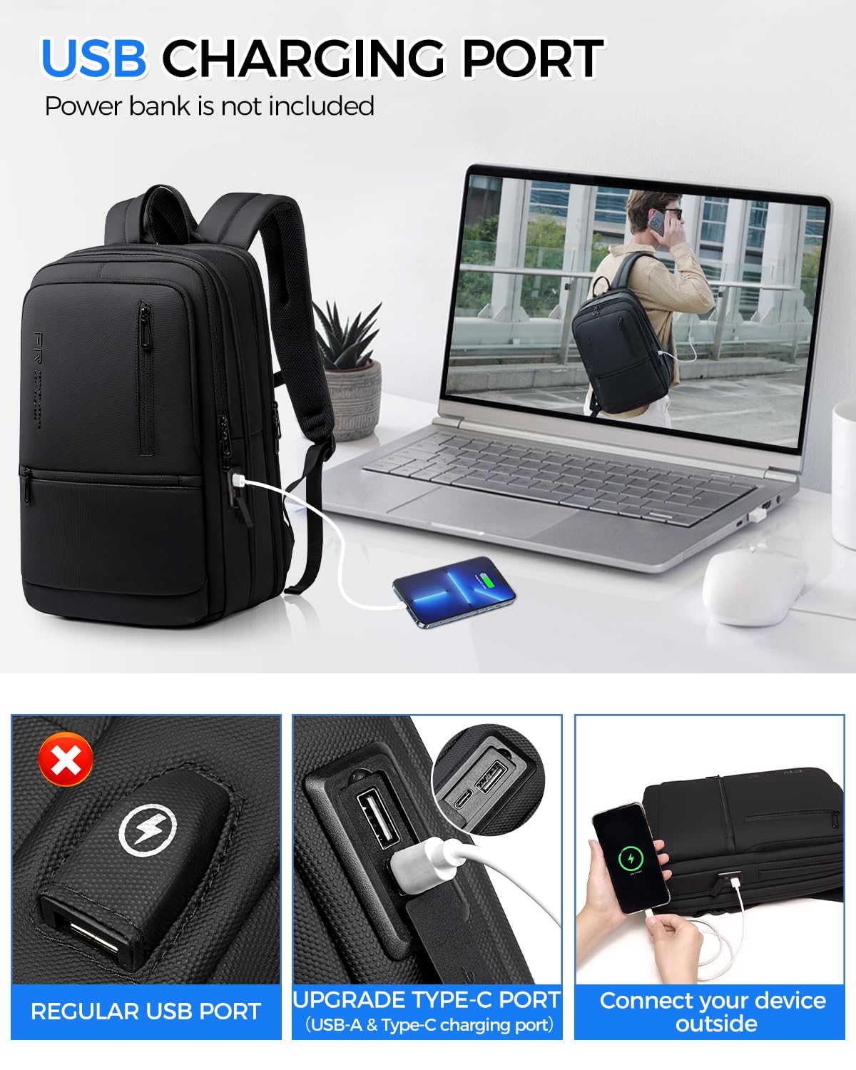FENREE.GEER Expandable Work Laptop Backpack – 12L–22L Water-Resistant Backpack with USB-C & USB-A Ports for 15.6” Laptops (Black)