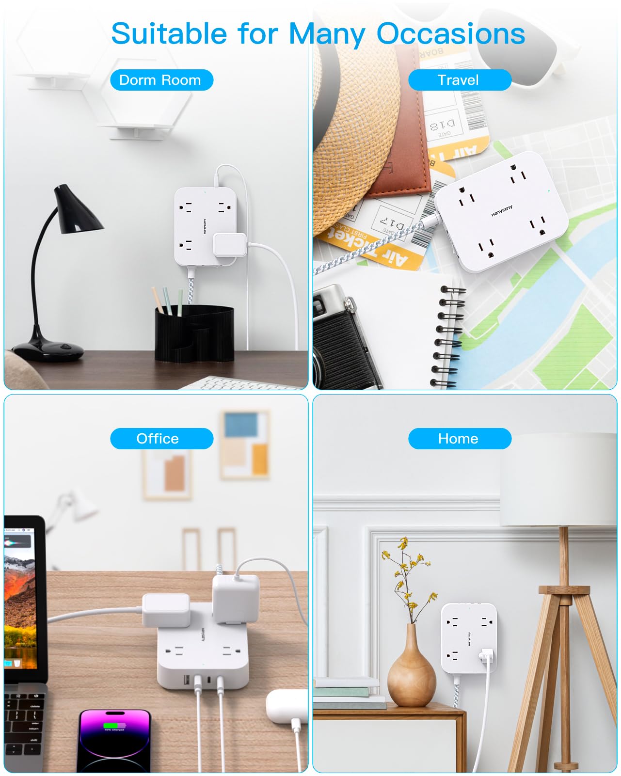 Flat Plug Extension Cord with USB-C – 8-in-1 Power Strip for Desk, Wall & Travel (White)