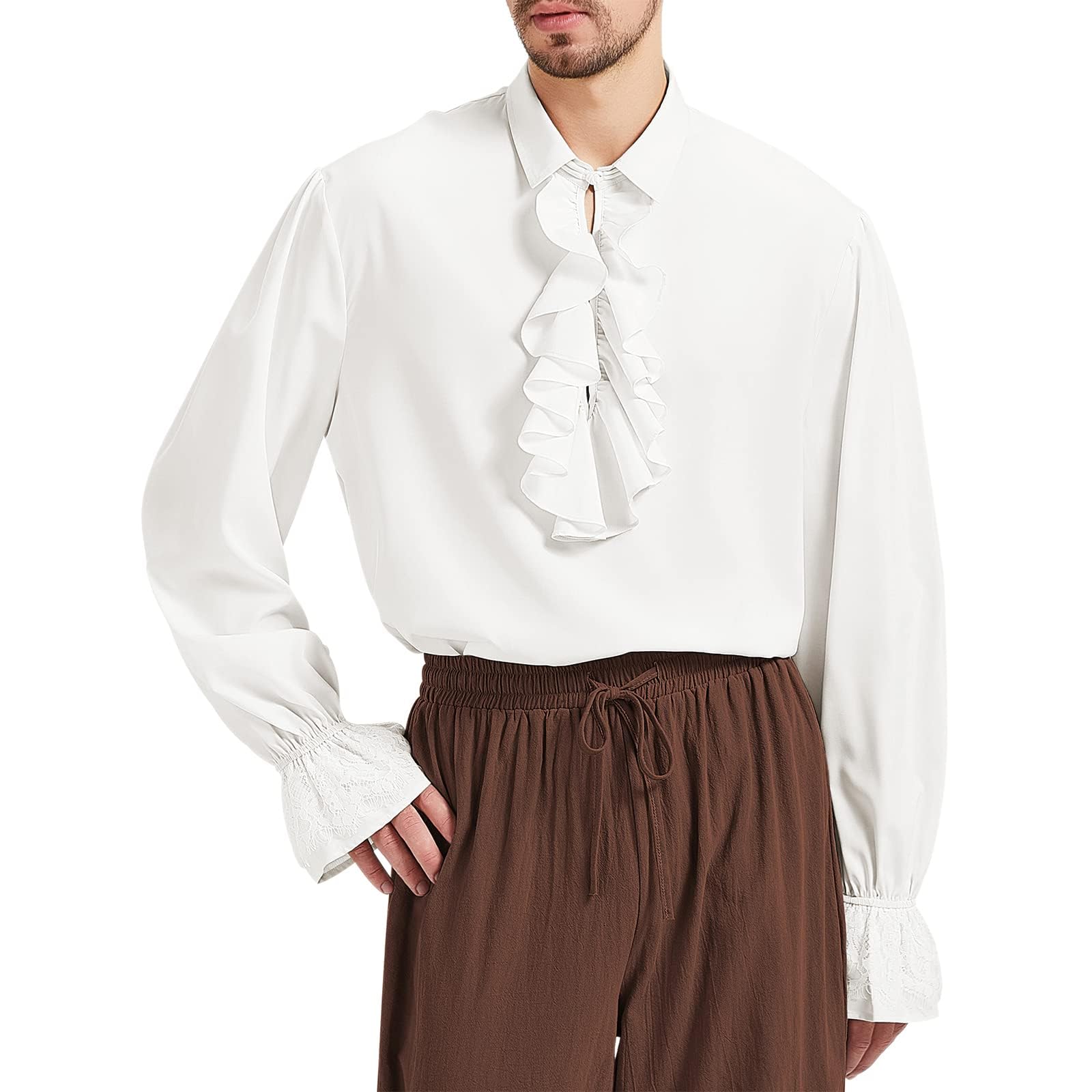 Men’s White Pirate Renaissance Shirt – Ruffled Medieval Long Sleeve Top for Halloween & Cosplay ⚓👔
