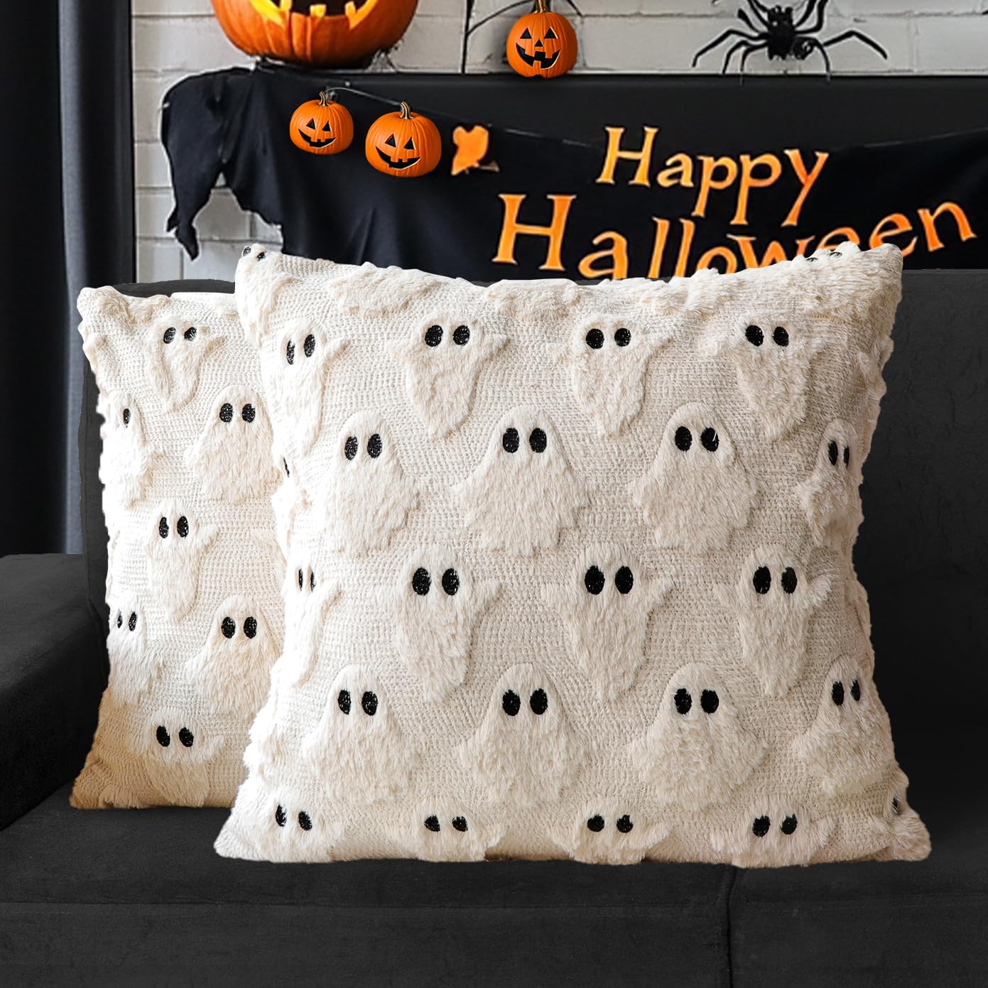 Set of 2 Beige Faux Fur Halloween Pillow Covers – 18x18 Inch Plush Decorative Cushion Cases with Hidden Zipper