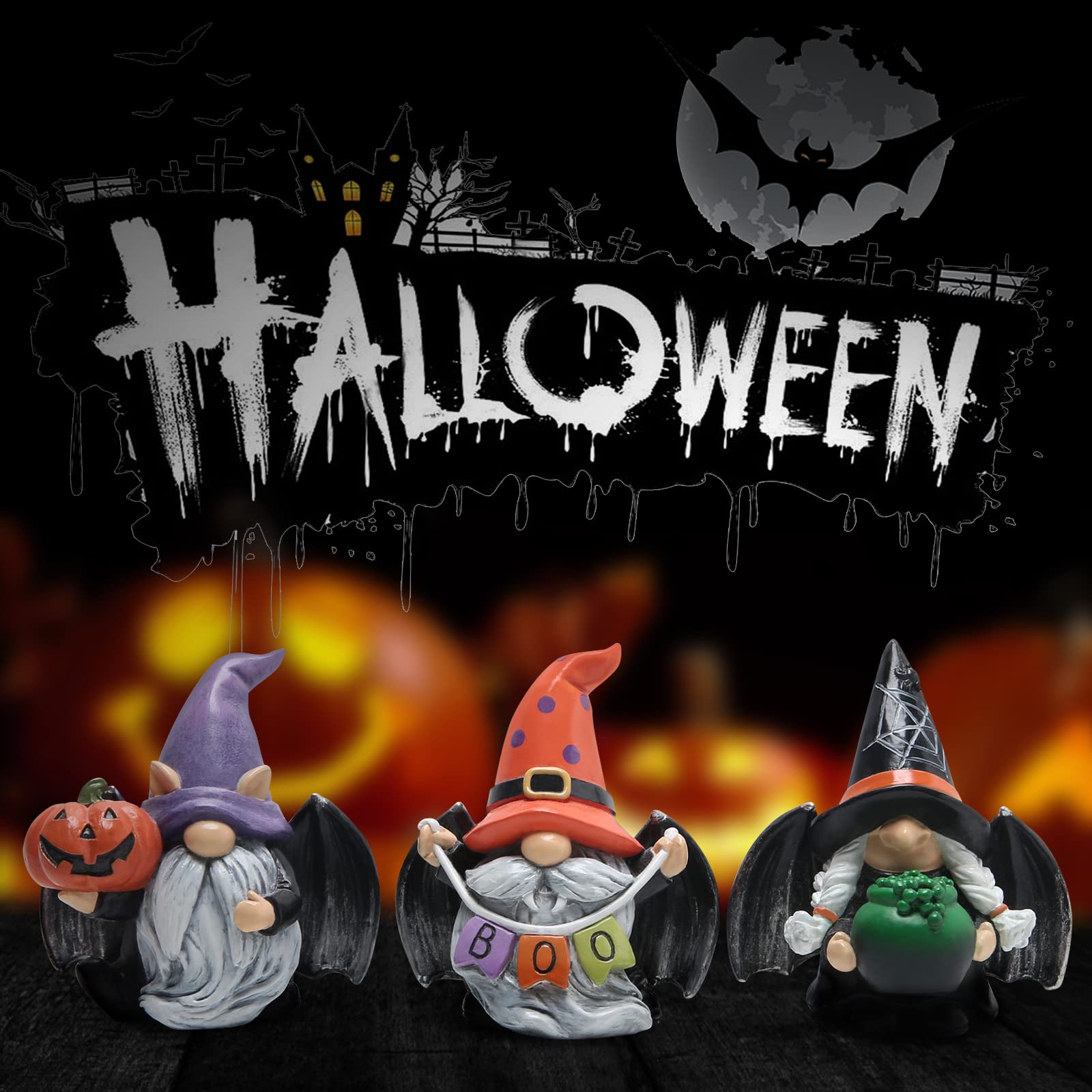Black-Wing Halloween Gnomes – Handcrafted Resin Figures with Wings & Pumpkin Details for Festive Decor
