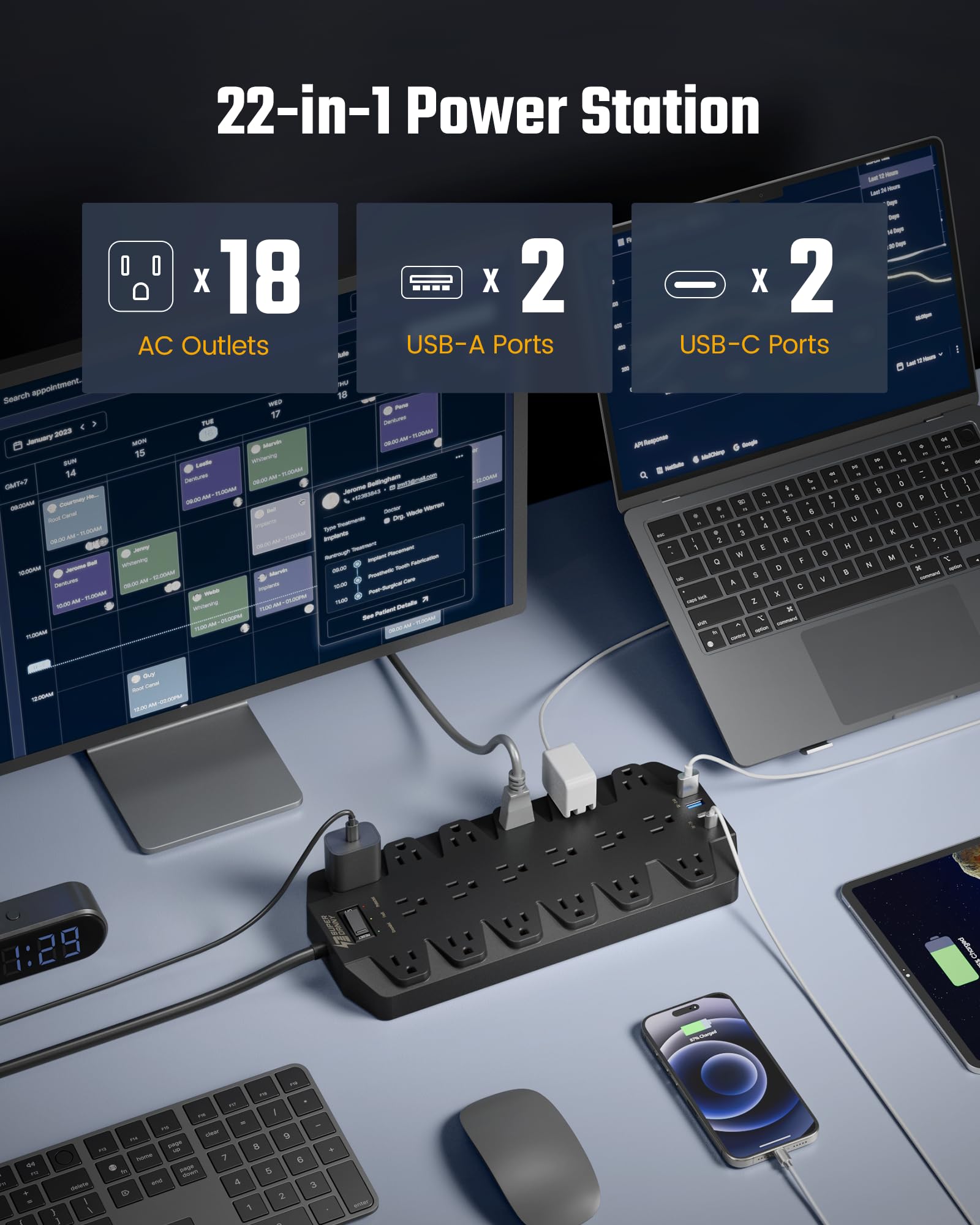 SUPERDANNY Heavy Duty Surge Protector Power Strip with 18 AC Outlets, 4 USB Ports & Flat Plug Wall Mount Extension Cord