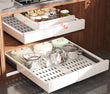Expandable Pull-Out Cabinet Organizer – Adjustable Width & Depth Slide-Out Drawer with Raising Pads (White, 2-Pack)