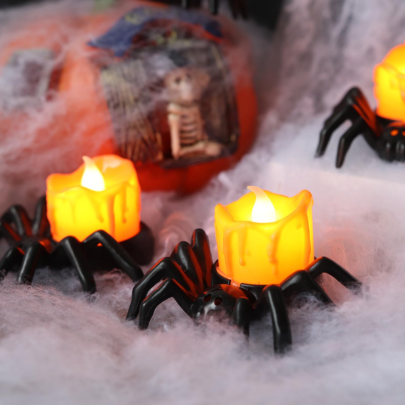 Flameless Halloween Spider Tealight Candles – 6 Black Spiders with Orange LED Lights for Creepy Party Decor