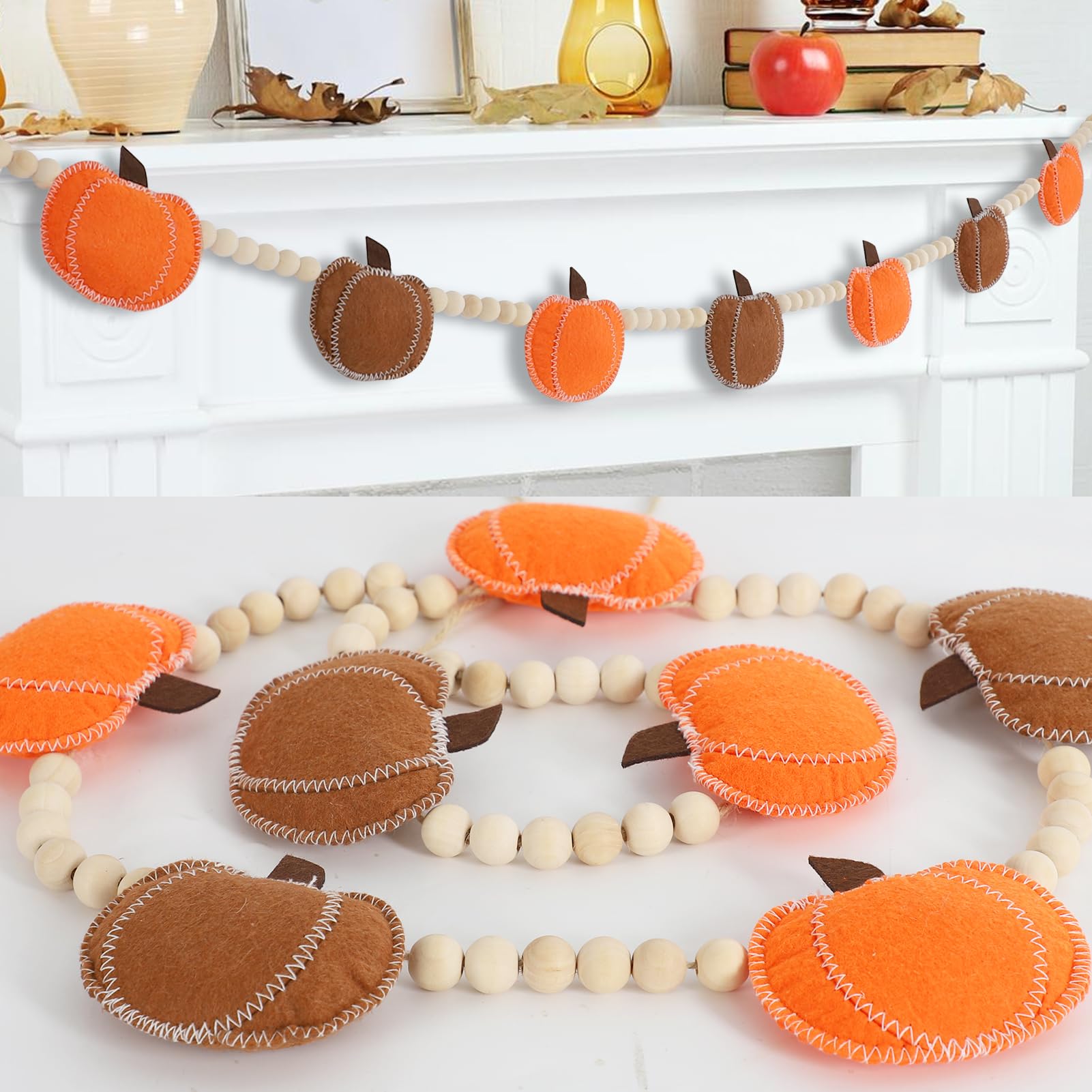 Felt Pumpkin Bead Garland 🍁 4ft Rustic Farmhouse Fall Decoration for Mantel, Doorway & Thanksgiving