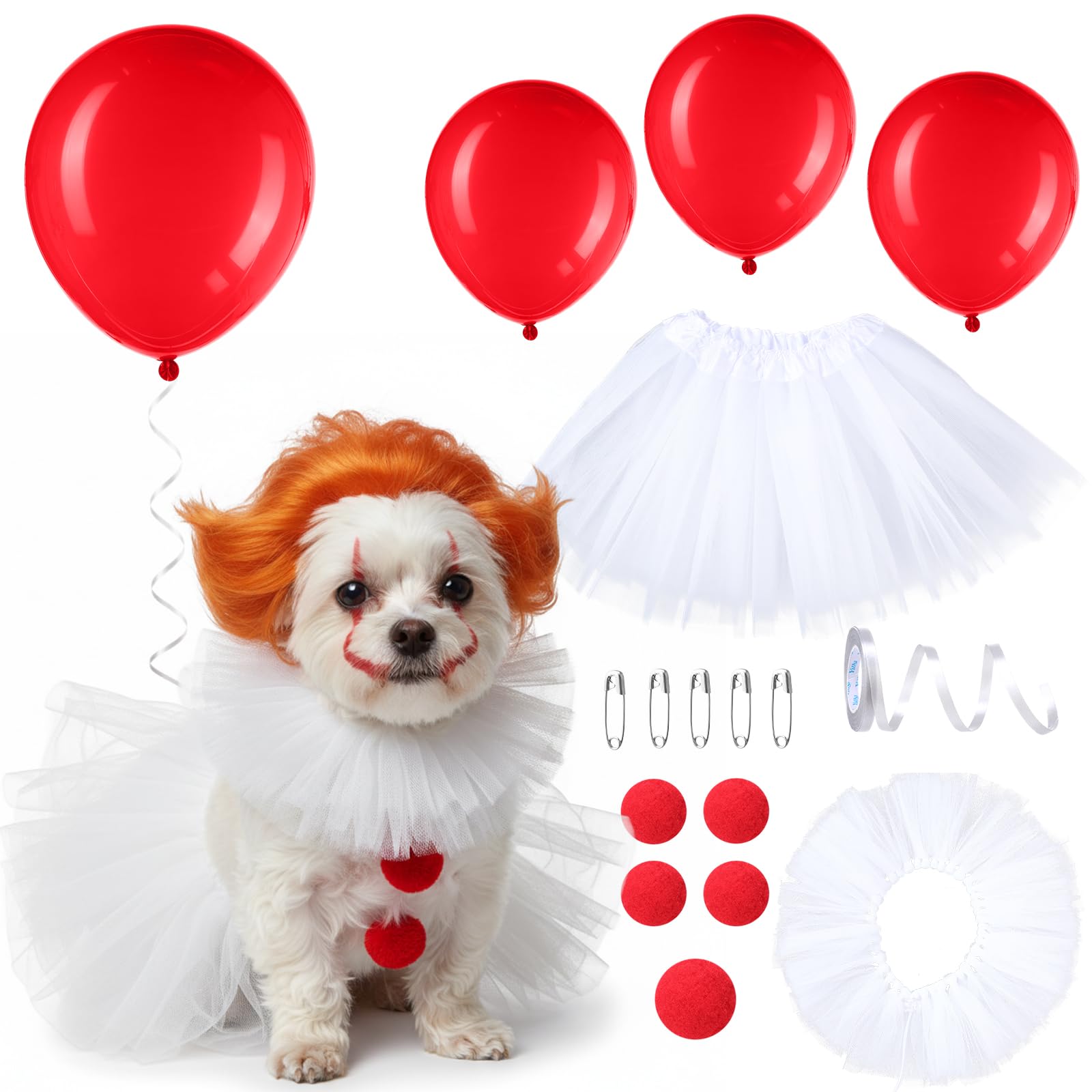 Dog Clown Halloween Costume – Red & White Pet Outfit with Neck Ruff, Skirt, Pompons, Balloons & Adjustable Straps