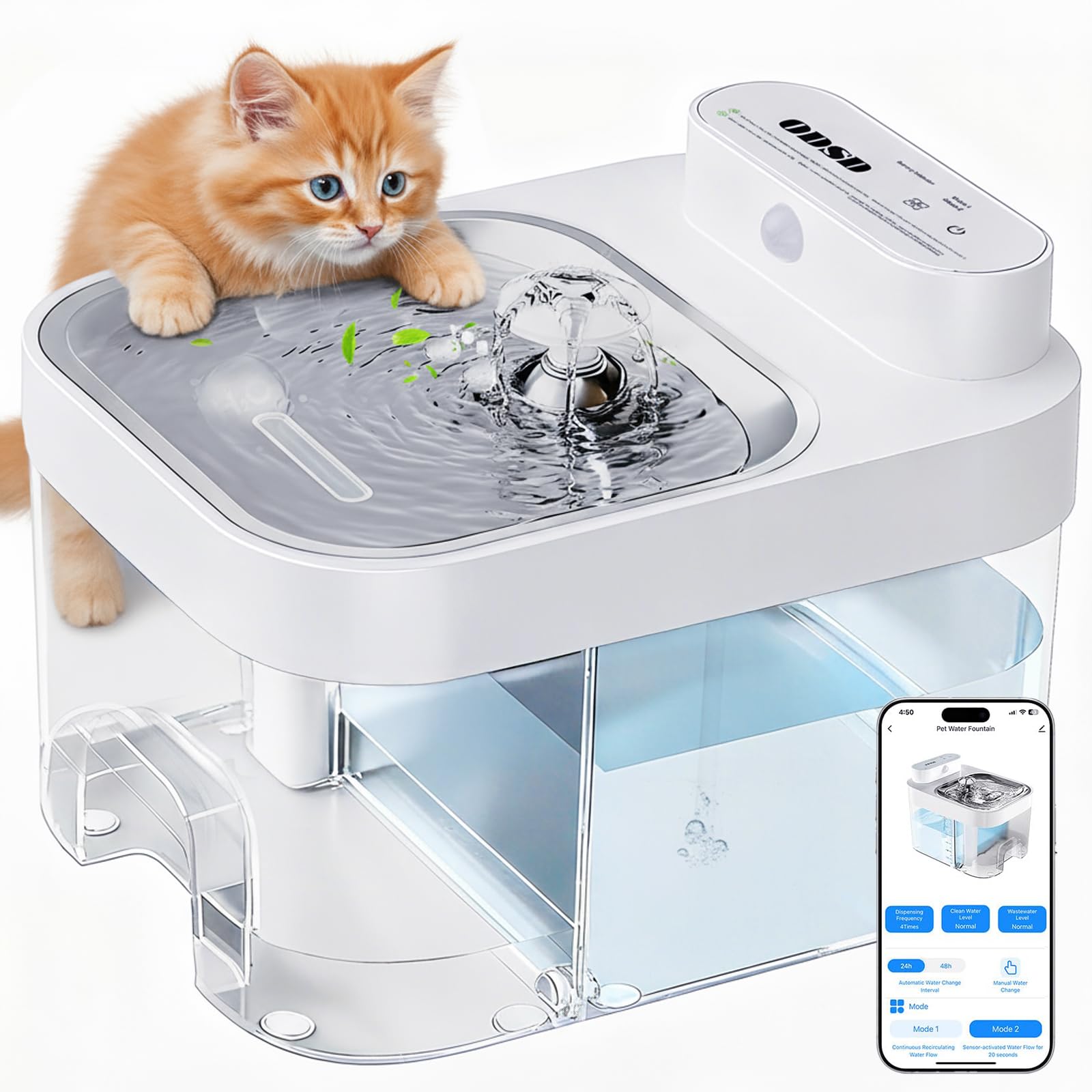 ODSD Smart Wastewater Separation Cat Water Fountain 3L – App Control & 5000mAh Dual Power System (White)