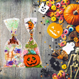 200-Pack Halloween Cellophane Treat Bags with 400 Twist Ties – Pumpkin, Ghost & Spider Designs (5x11 in)