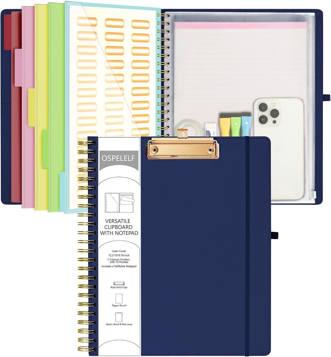 Purple Foldable Clipboard Folio with 10 Storage Pockets