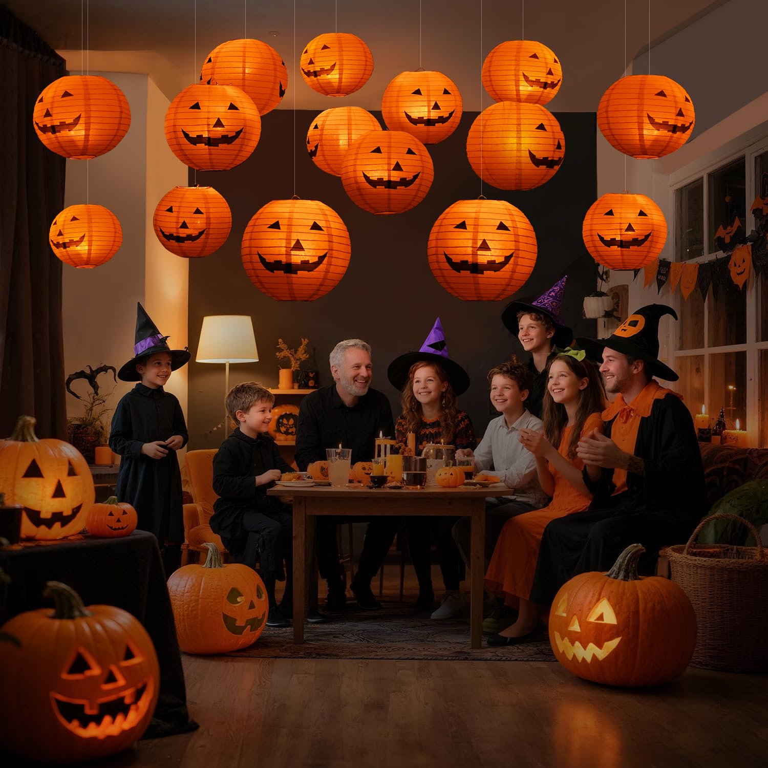 Floating Jack-O’-Lantern Halloween Lights – 12 Paper Pumpkins with 24 LED Tea Lights & Remote Control (Spooky Floating Decor)
